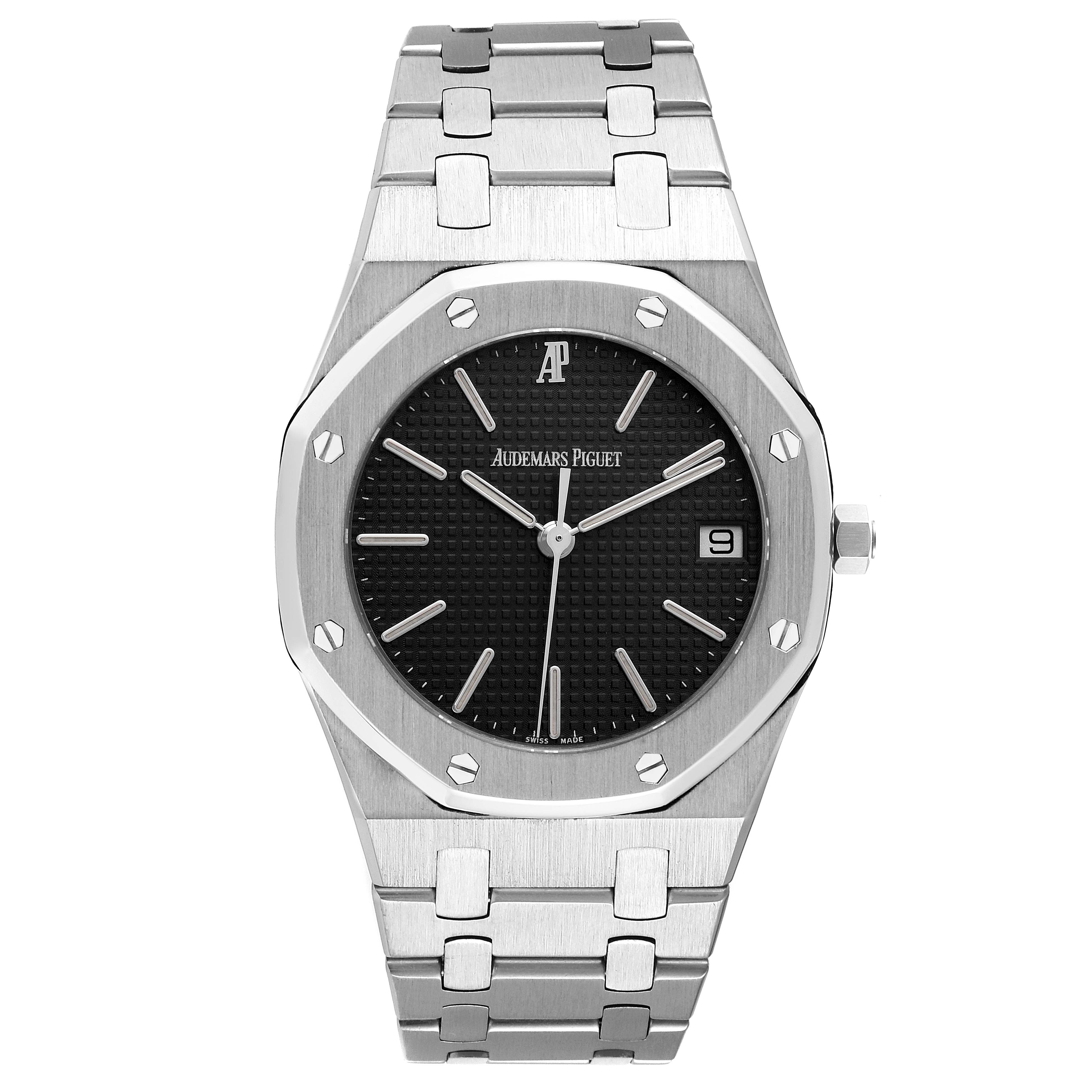 This is a front view of an Audemars Piguet Royal Oak 56023ST Men's Stainless Steel Black Dial 56023ST Men's Stainless Steel Black Dial watch showing the face, bezel, and bracelet.