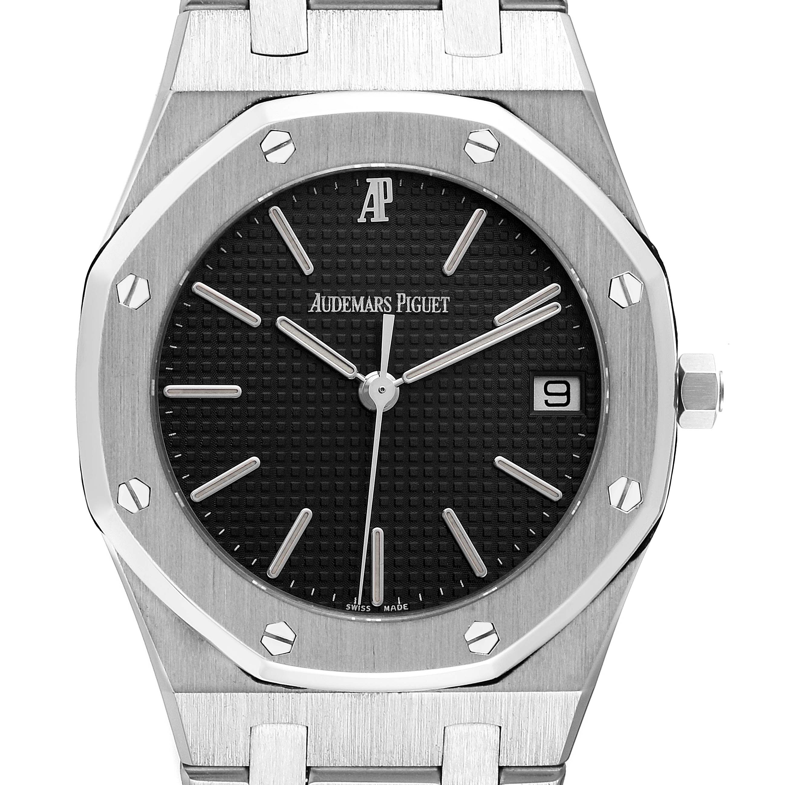 The image shows a front view of an Audemars Piguet Royal Oak 56023ST Men's Stainless Steel Black Dial 56023ST Men's Stainless Steel Black Dial watch, showcasing its dial, bezel, and part of the bracelet.