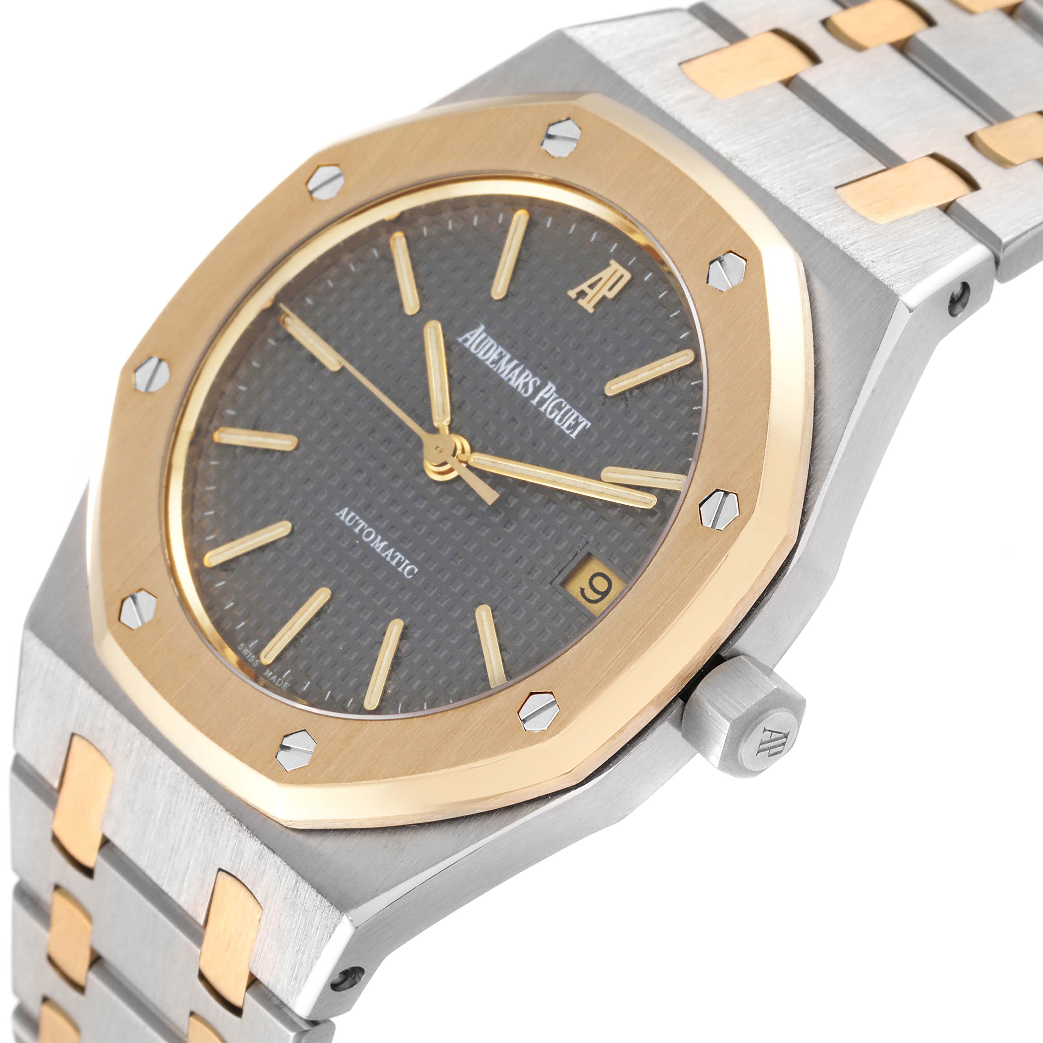 The image shows the front and side view of an Audemars Piguet Royal Oak 14790SA.OO.0789SA.01 Men's Steel and Gold (two tone) Grey Dial 14790SA.OO.0789SA.01 Men's Steel and Gold (two tone) Grey Dial watch, featuring its bezel, dial, and bracelet.