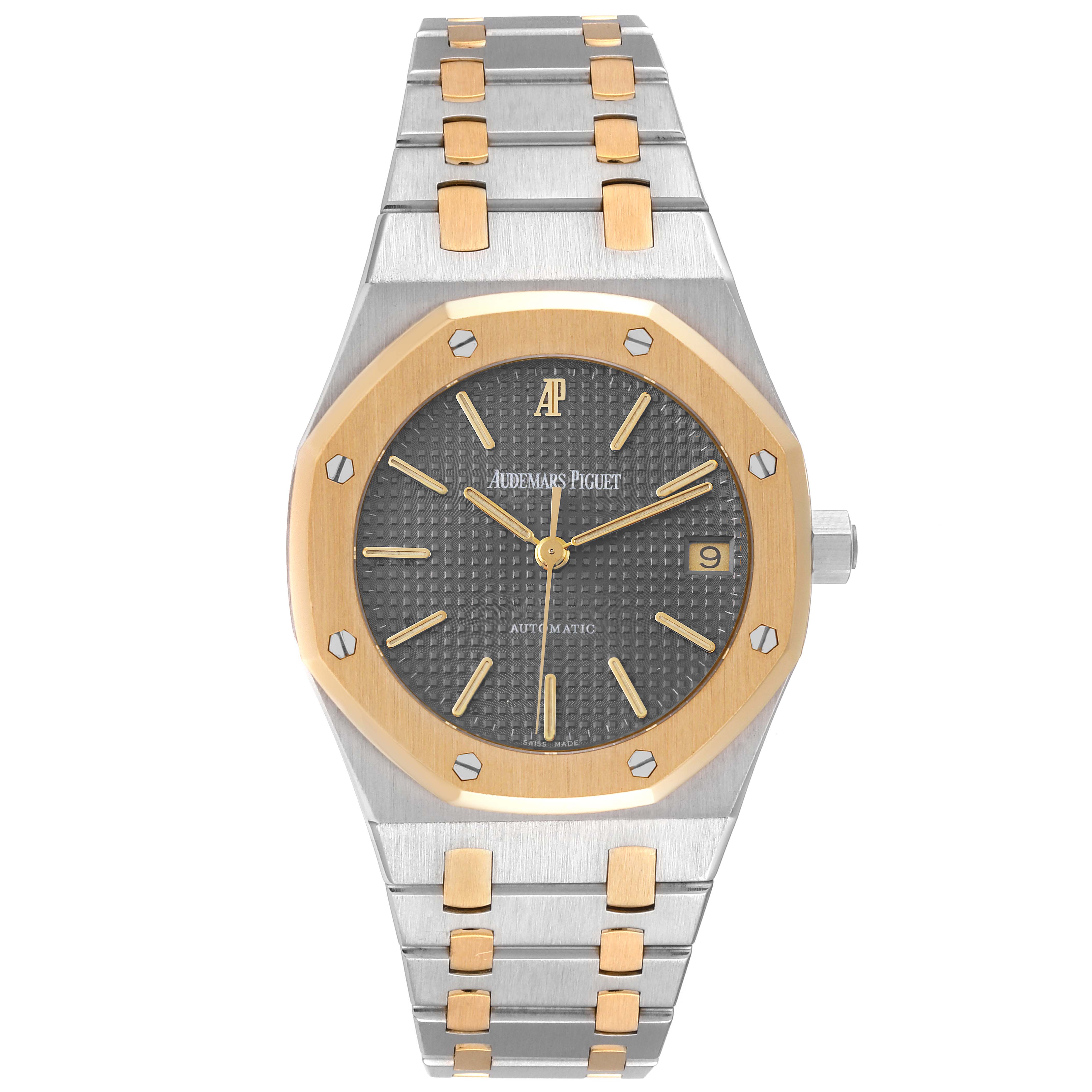 This image shows a front view of the Audemars Piguet Royal Oak 14790SA.OO.0789SA.01 Men's Steel and Gold (two tone) Grey Dial 14790SA.OO.0789SA.01 Men's Steel and Gold (two tone) Grey Dial watch, highlighting its dial, bezel, and bracelet.