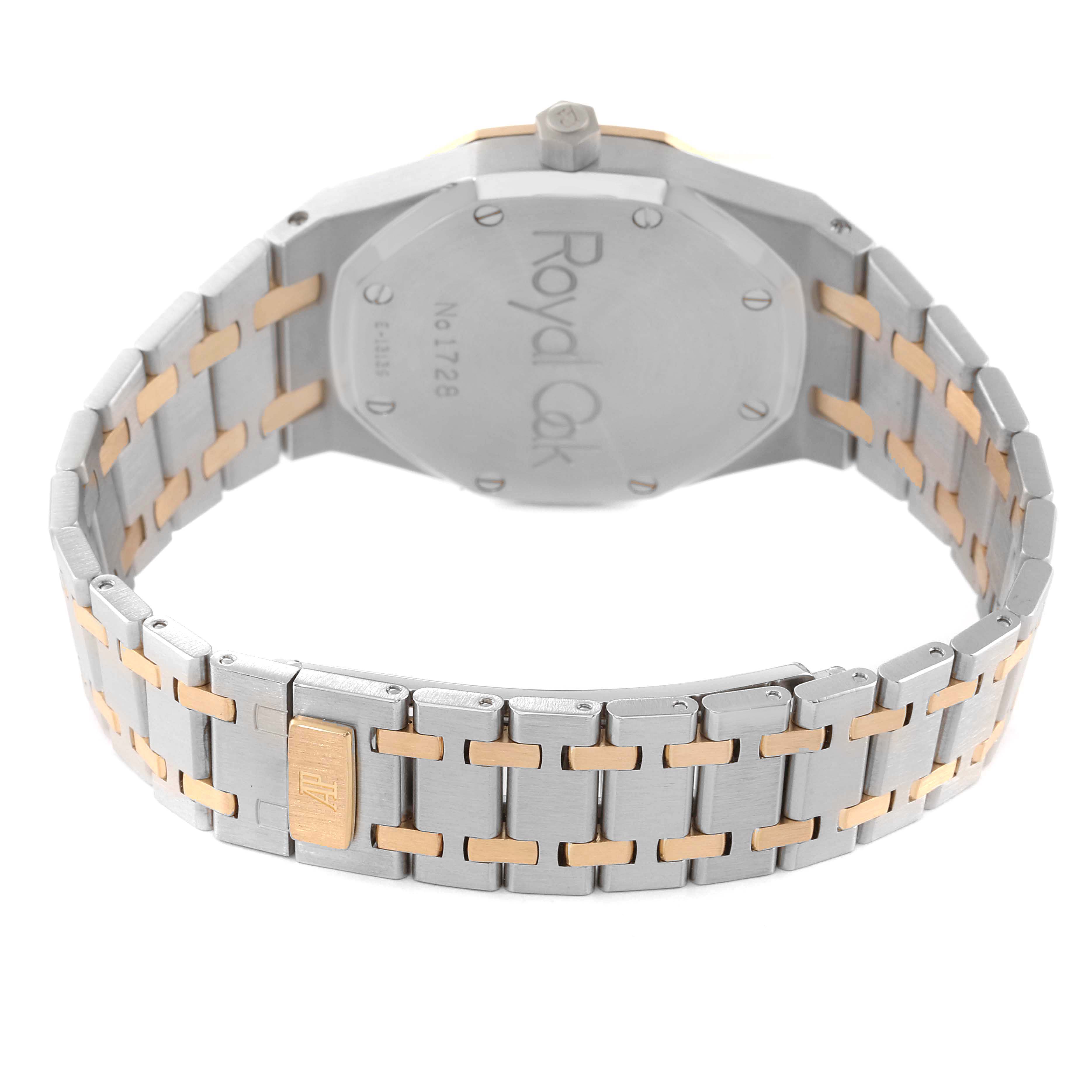 The image shows the case back and bracelet of a Royal Oak model by Audemars Piguet from a rear angle.