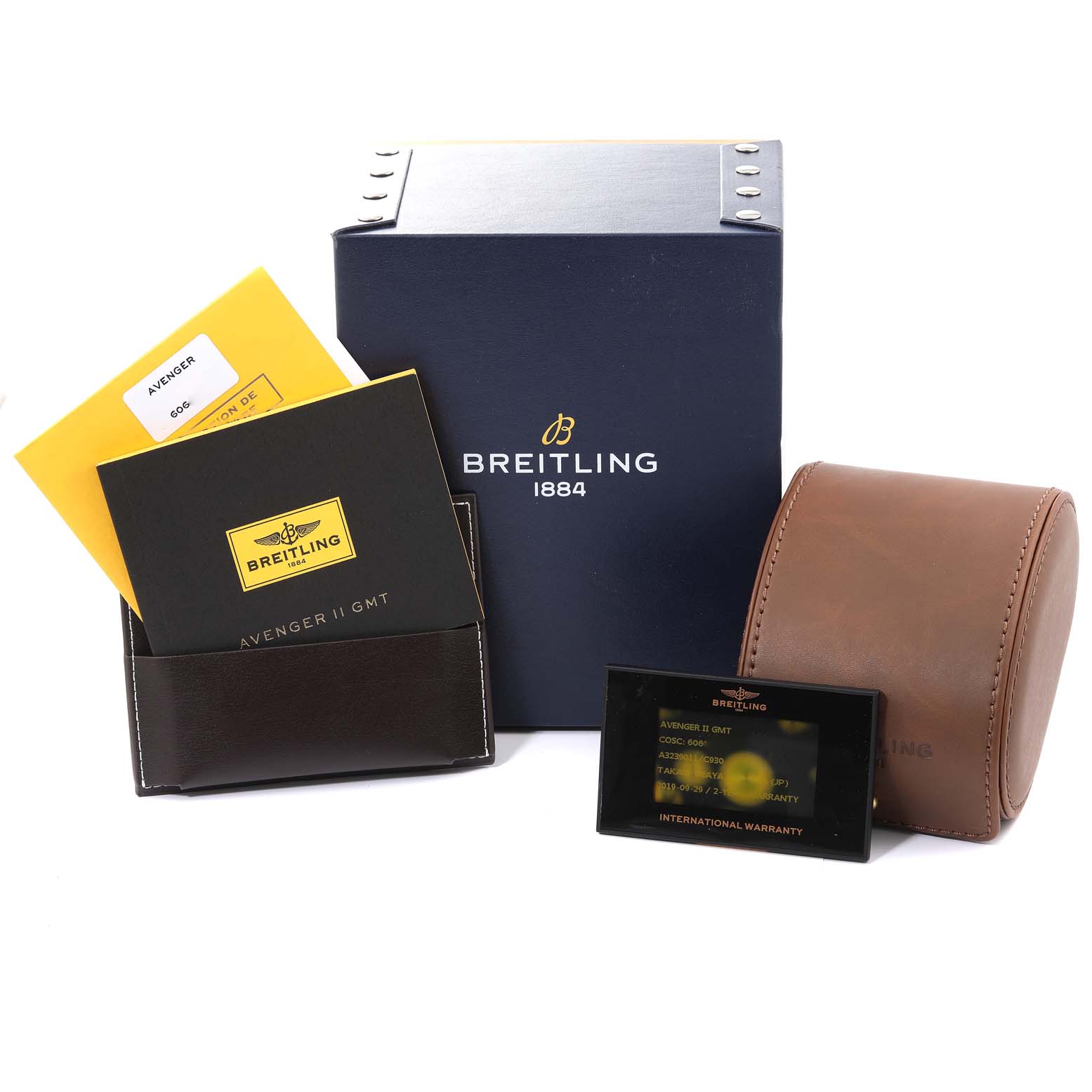 The image shows packaging, manuals, a warranty card, and a leather case for the Breitling Avenger A3239011-C872-170A Men's Stainless Steel Mother of Pearl Dial A3239011-C872-170A Men's Stainless Steel Mother of Pearl Dial II GMT watch.