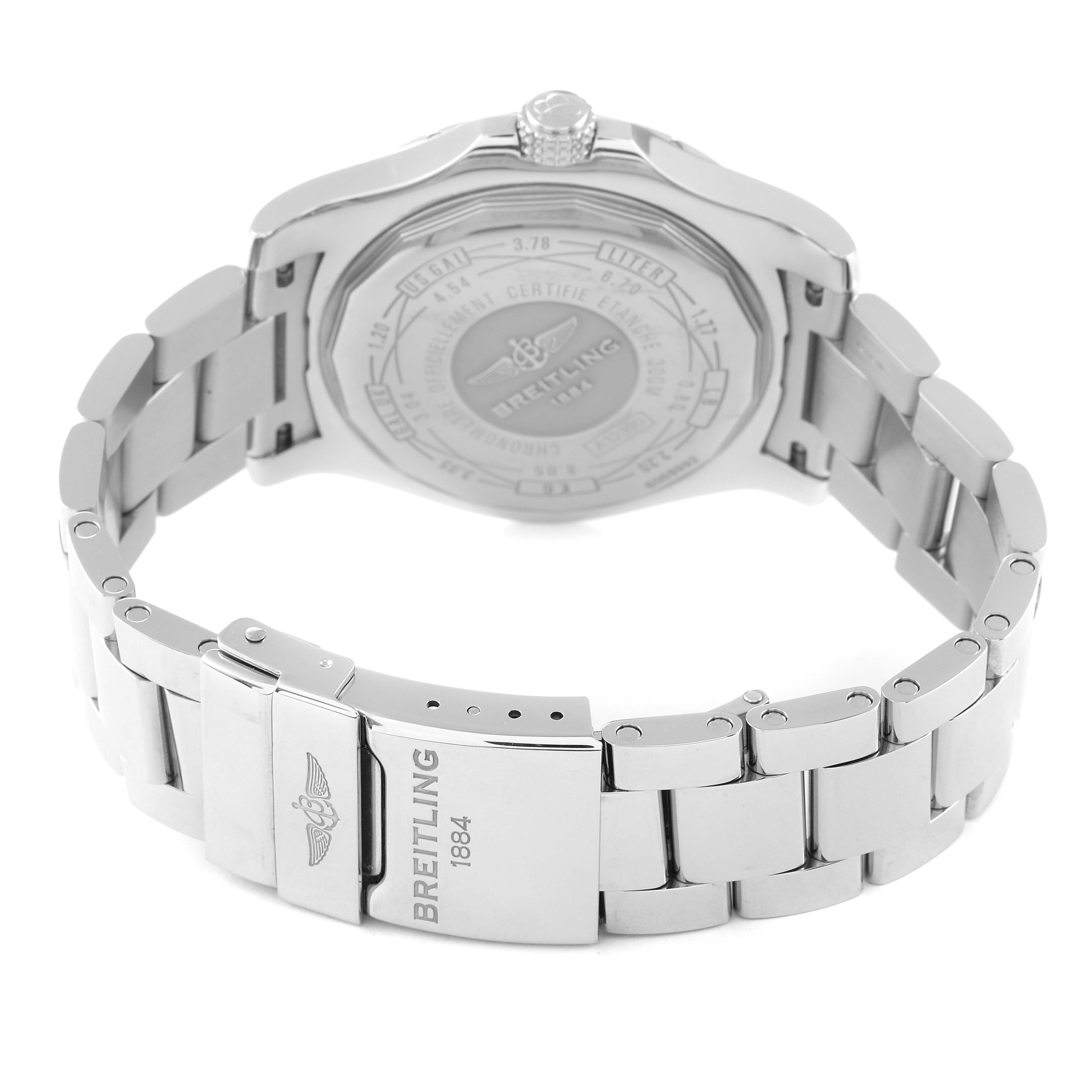 The image shows the back view and clasp of a Breitling Avenger A3239011-C872-170A Men's Stainless Steel Mother of Pearl Dial A3239011-C872-170A Men's Stainless Steel Mother of Pearl Dial watch with its stainless steel bracelet.