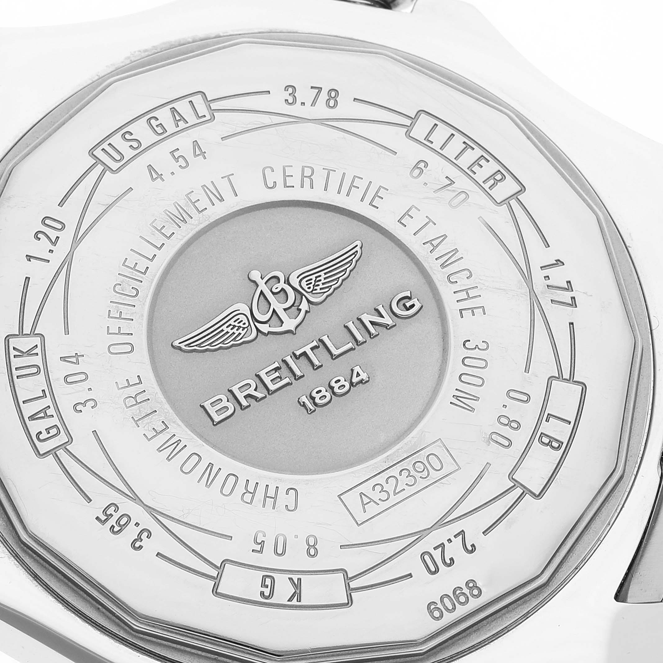 The image shows the back case of a Breitling Avenger A3239011-C872-170A Men's Stainless Steel Mother of Pearl Dial A3239011-C872-170A Men's Stainless Steel Mother of Pearl Dial watch, displaying various unit conversions and brand engraving.