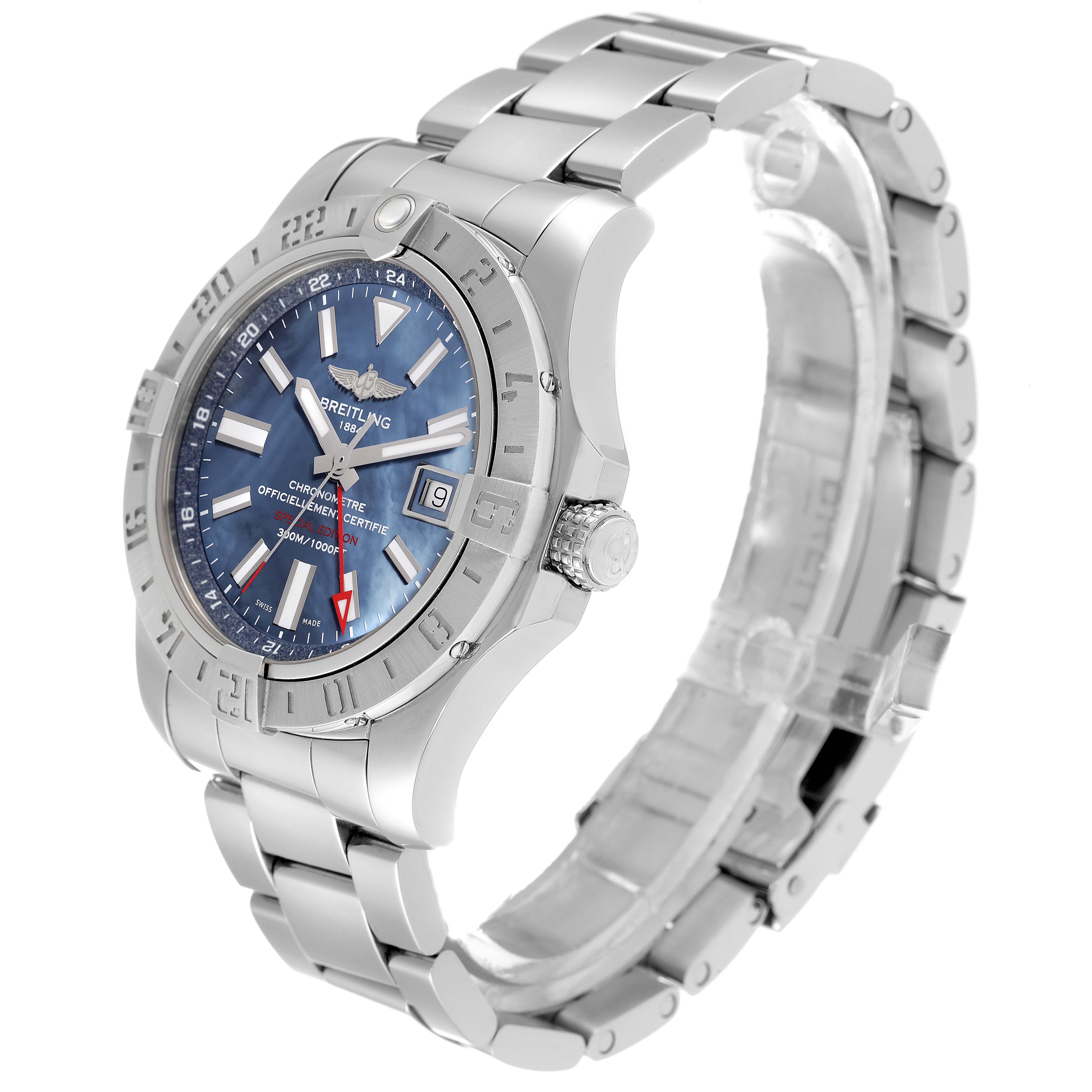 The image shows a Breitling Avenger A3239011-C872-170A Men's Stainless Steel Mother of Pearl Dial A3239011-C872-170A Men's Stainless Steel Mother of Pearl Dial watch angled from the front-left, showcasing its dial, bezel, crown, and metal bracelet.