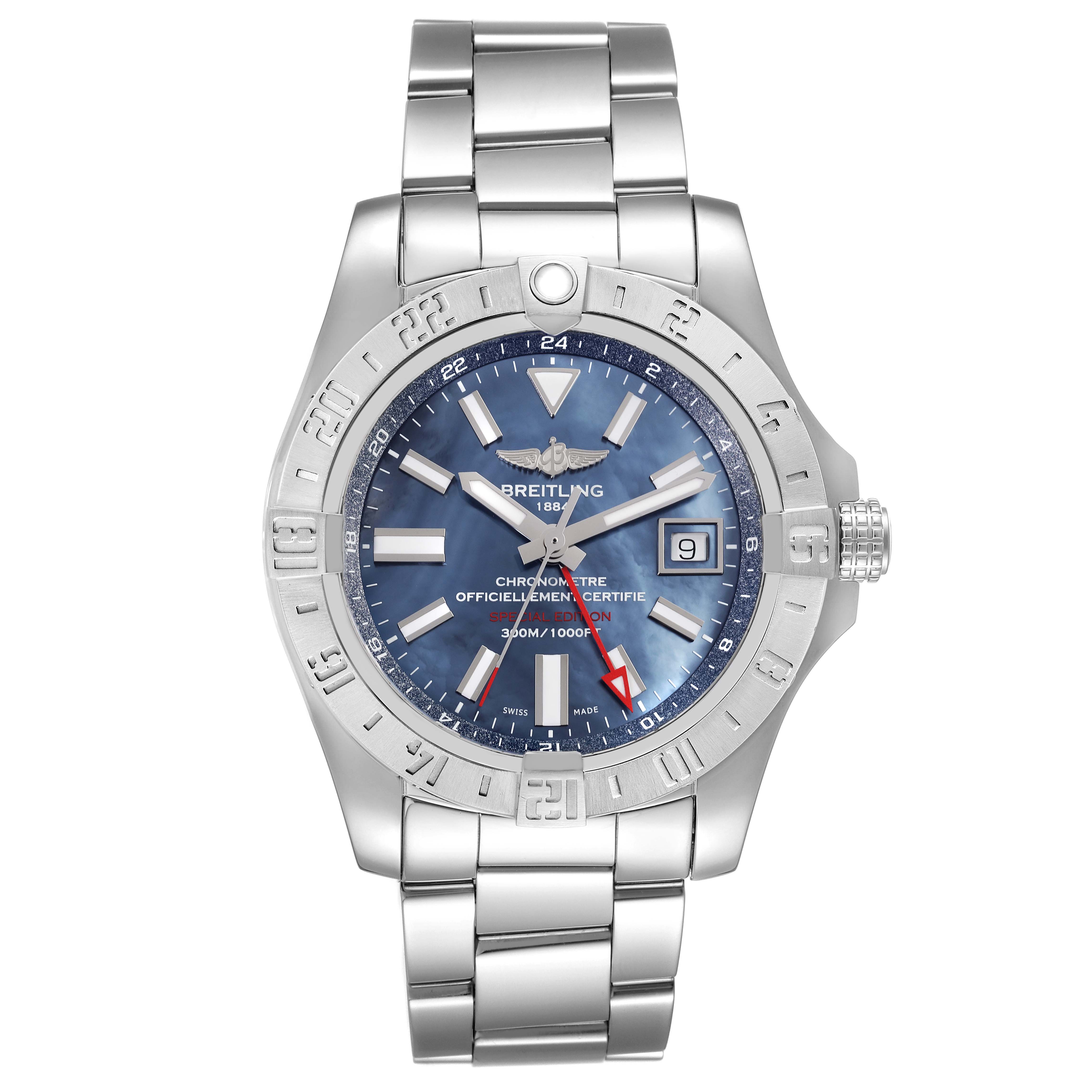 The image shows a Breitling Avenger A3239011-C872-170A Men's Stainless Steel Mother of Pearl Dial A3239011-C872-170A Men's Stainless Steel Mother of Pearl Dial watch from a front angle, displaying its face, bezel, crown, and metal bracelet.