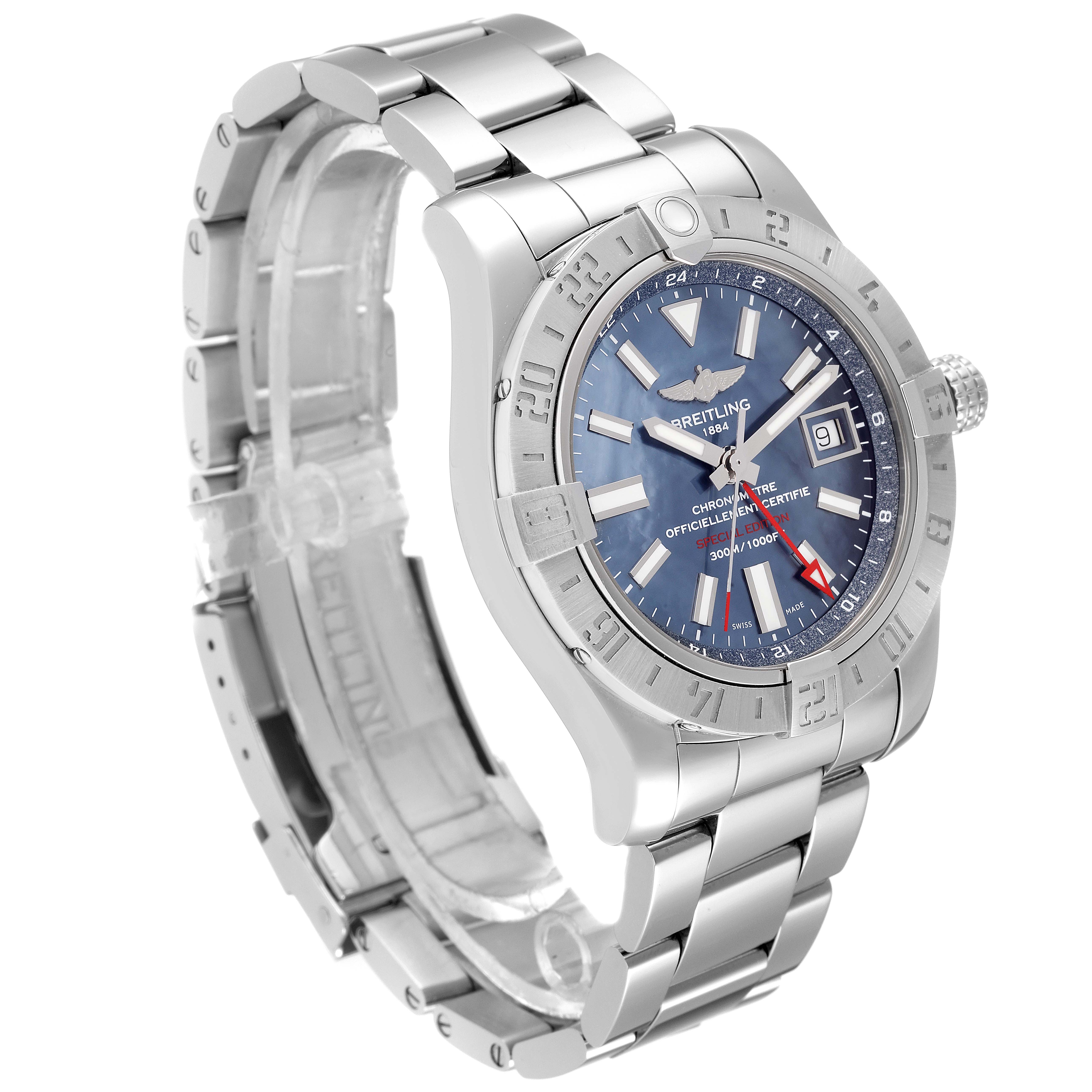 The image shows a side angle of a Breitling Avenger A3239011-C872-170A Men's Stainless Steel Mother of Pearl Dial A3239011-C872-170A Men's Stainless Steel Mother of Pearl Dial watch, displaying the bracelet, bezel, face, and crown.