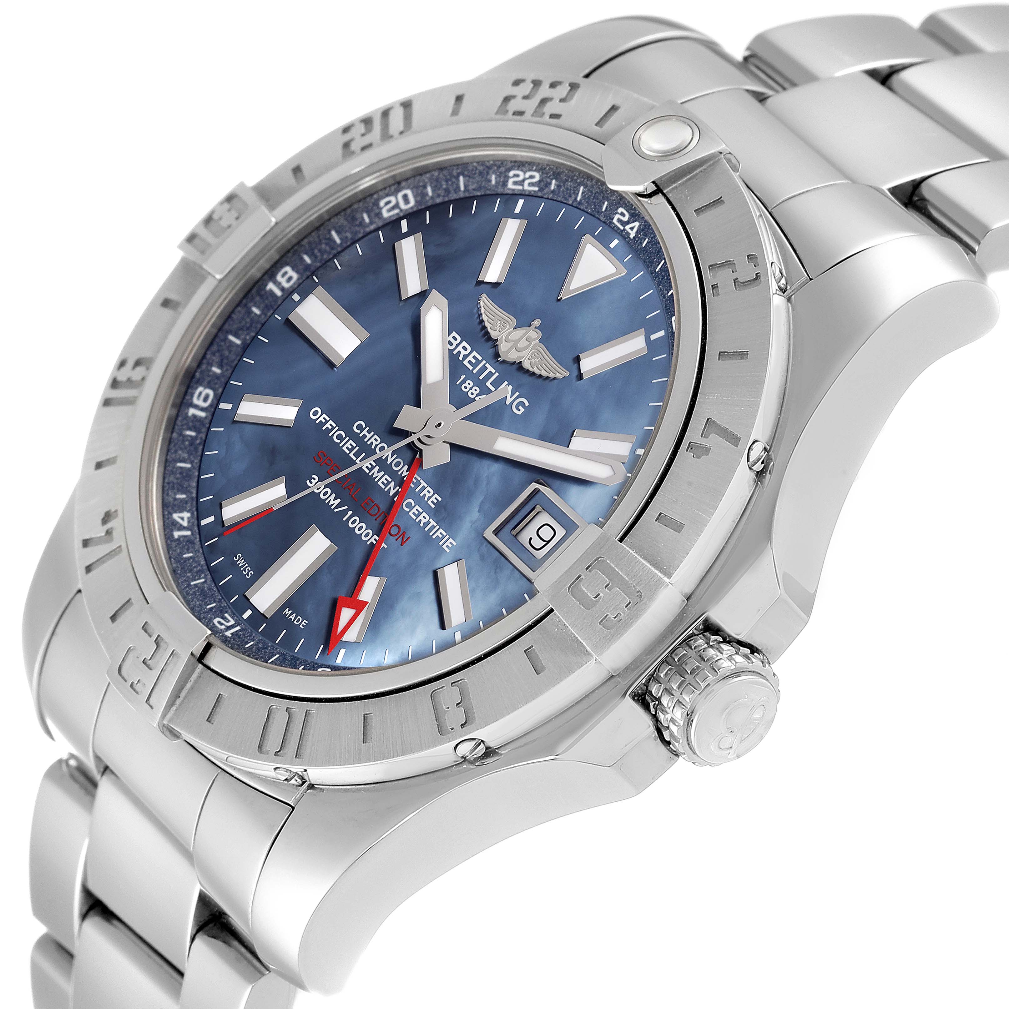 This Breitling Avenger A3239011-C872-170A Men's Stainless Steel Mother of Pearl Dial A3239011-C872-170A Men's Stainless Steel Mother of Pearl Dial watch is shown at an angled view highlighting the face, bezel, crown, and part of the bracelet.