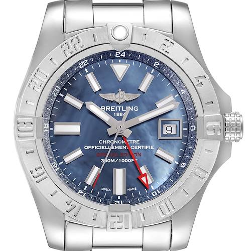 Photo of Breitling Avenger II GMT Blue Mother of Pearl Dial Steel Mens Watch A32390 Box Card