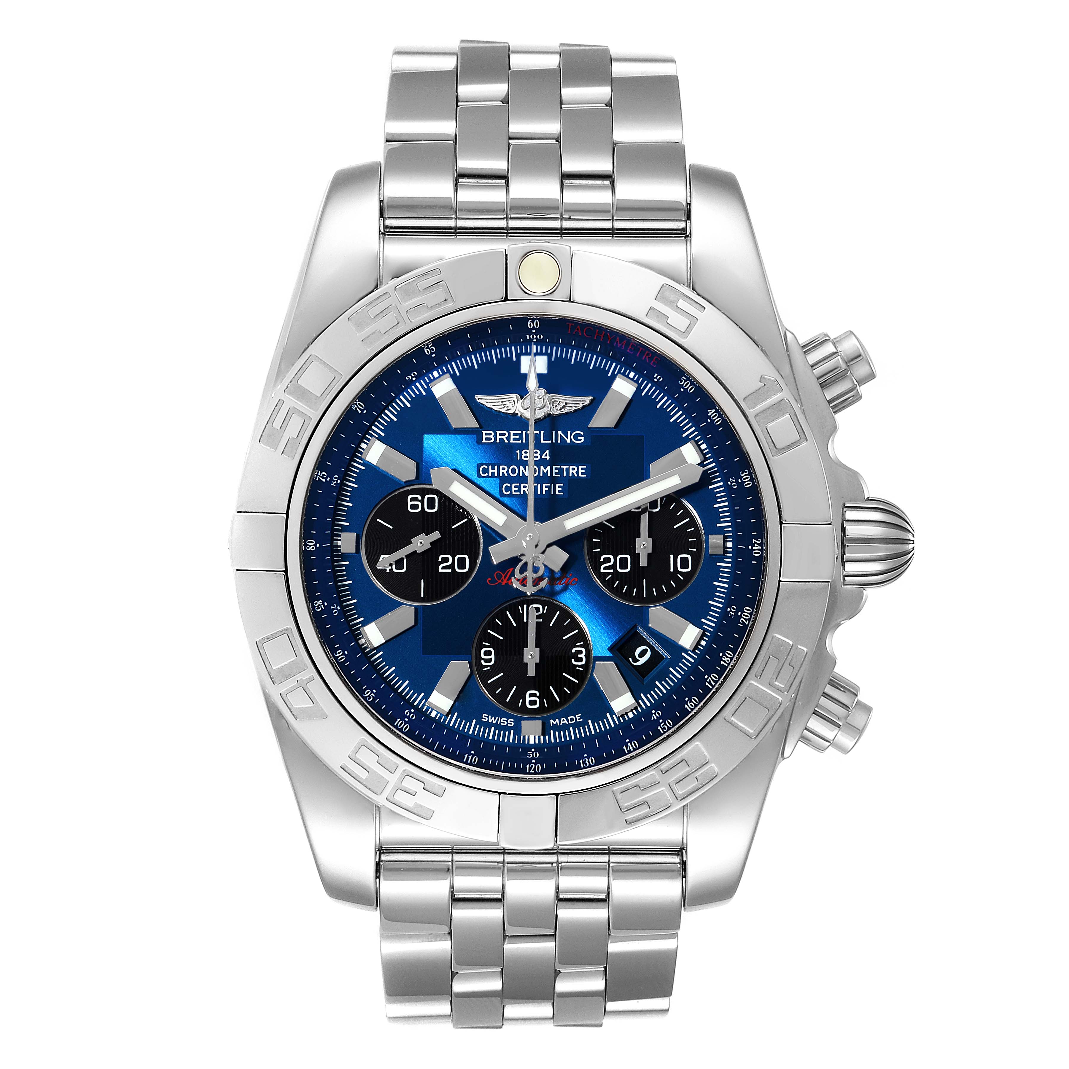 The image shows a front view of a Breitling Chronomat AB0110 Men's Stainless Steel Blue Dial AB0110 Men's Stainless Steel Blue Dial watch featuring a blue dial, chronograph subdials, and a stainless steel bracelet.
