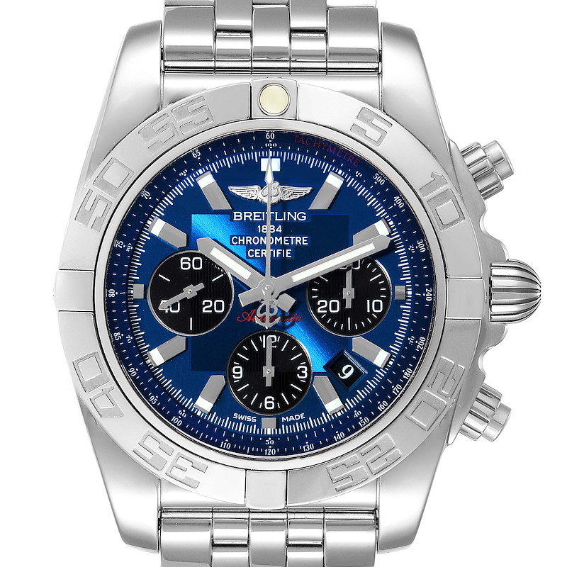 Breitling Chronomat 01 Blue Dial Steel Mens Watch AB0110 Box Papers SwissWatchExpo