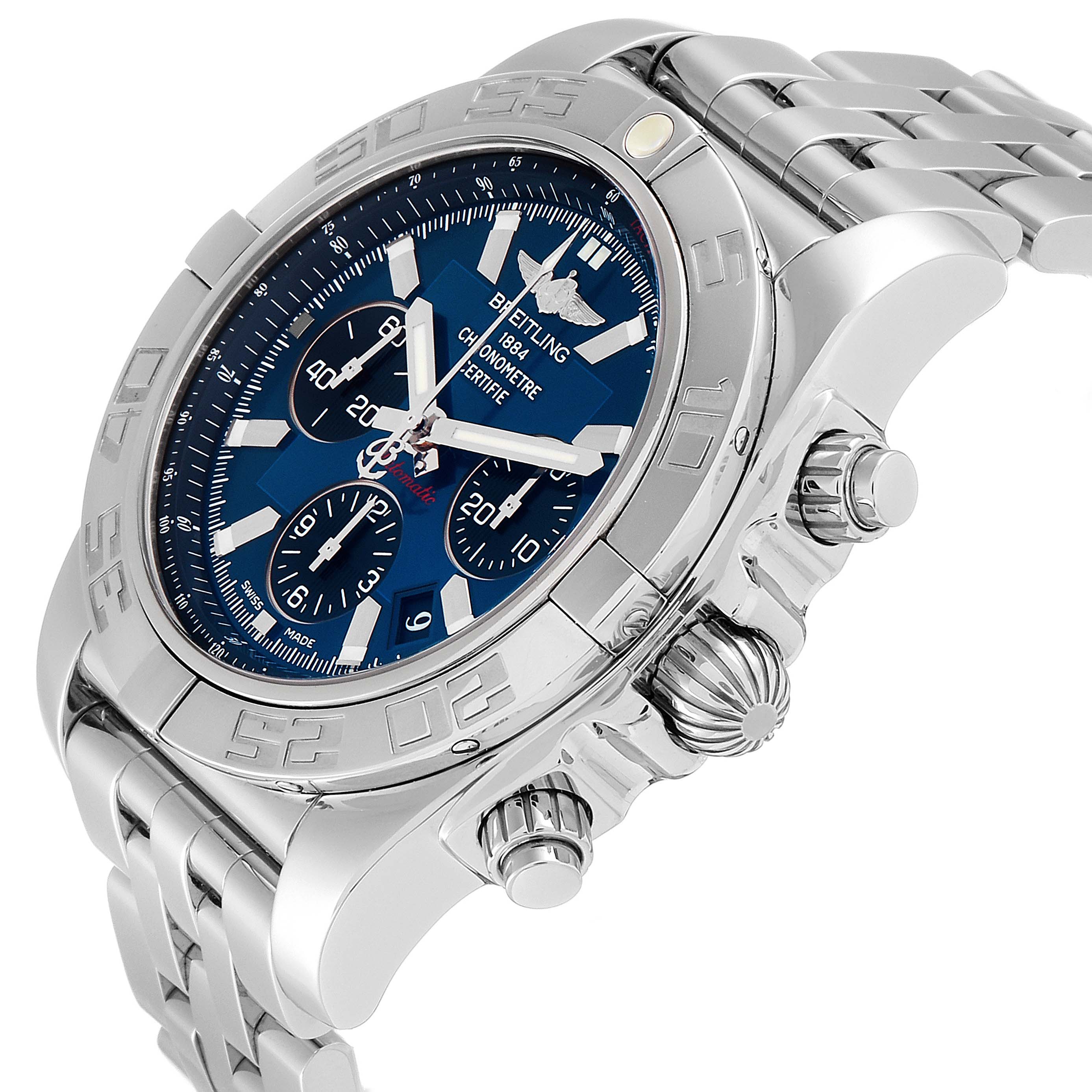 This is a side-angle view of the Breitling Chronomat AB0110 Men's Stainless Steel Blue Dial AB0110 Men's Stainless Steel Blue Dial watch, showing the dial, bezel, crown, and stainless steel bracelet.