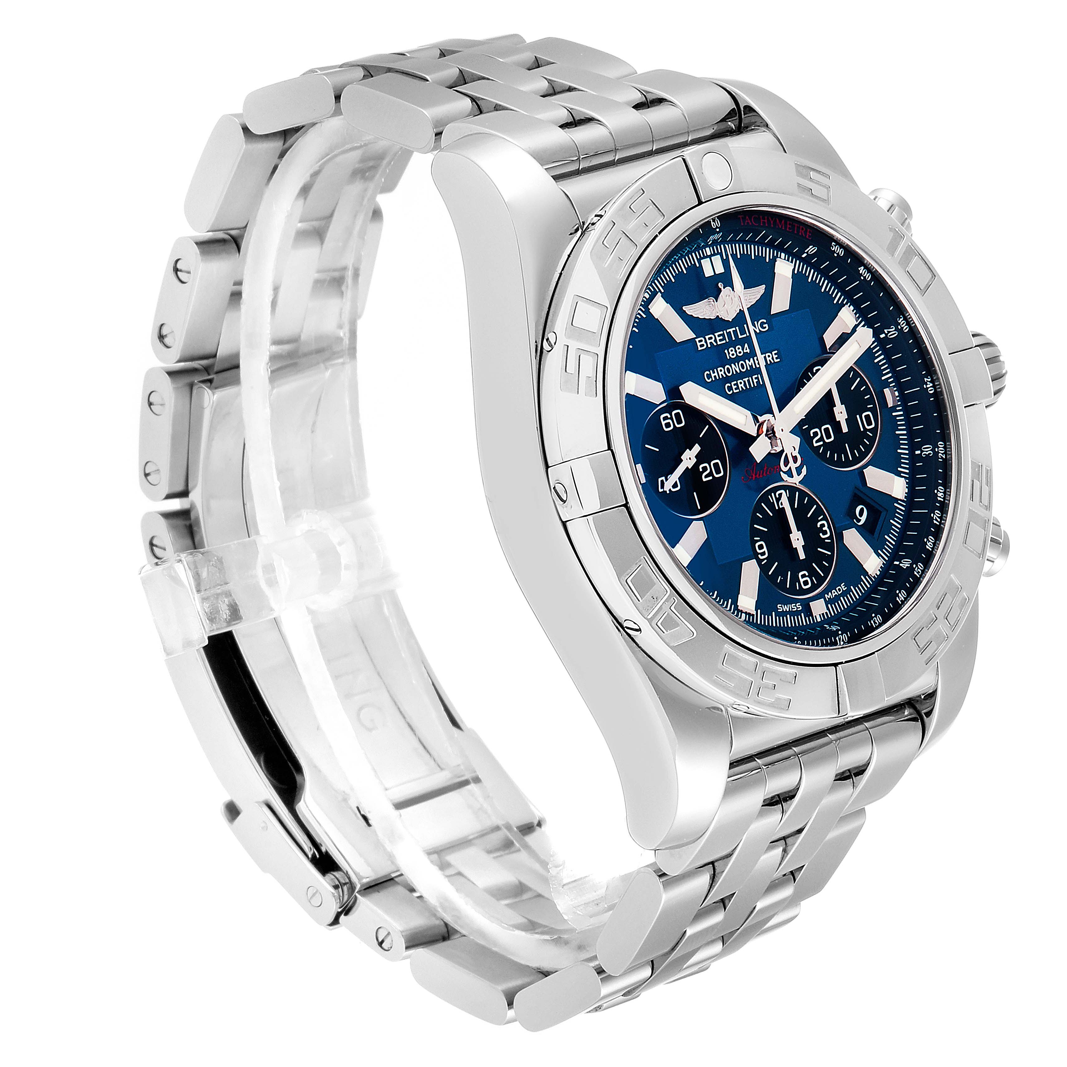 The image shows a side-angle view of the Breitling Chronomat AB0110 Men's Stainless Steel Blue Dial AB0110 Men's Stainless Steel Blue Dial watch, displaying the bezel, dial, and stainless steel bracelet.
