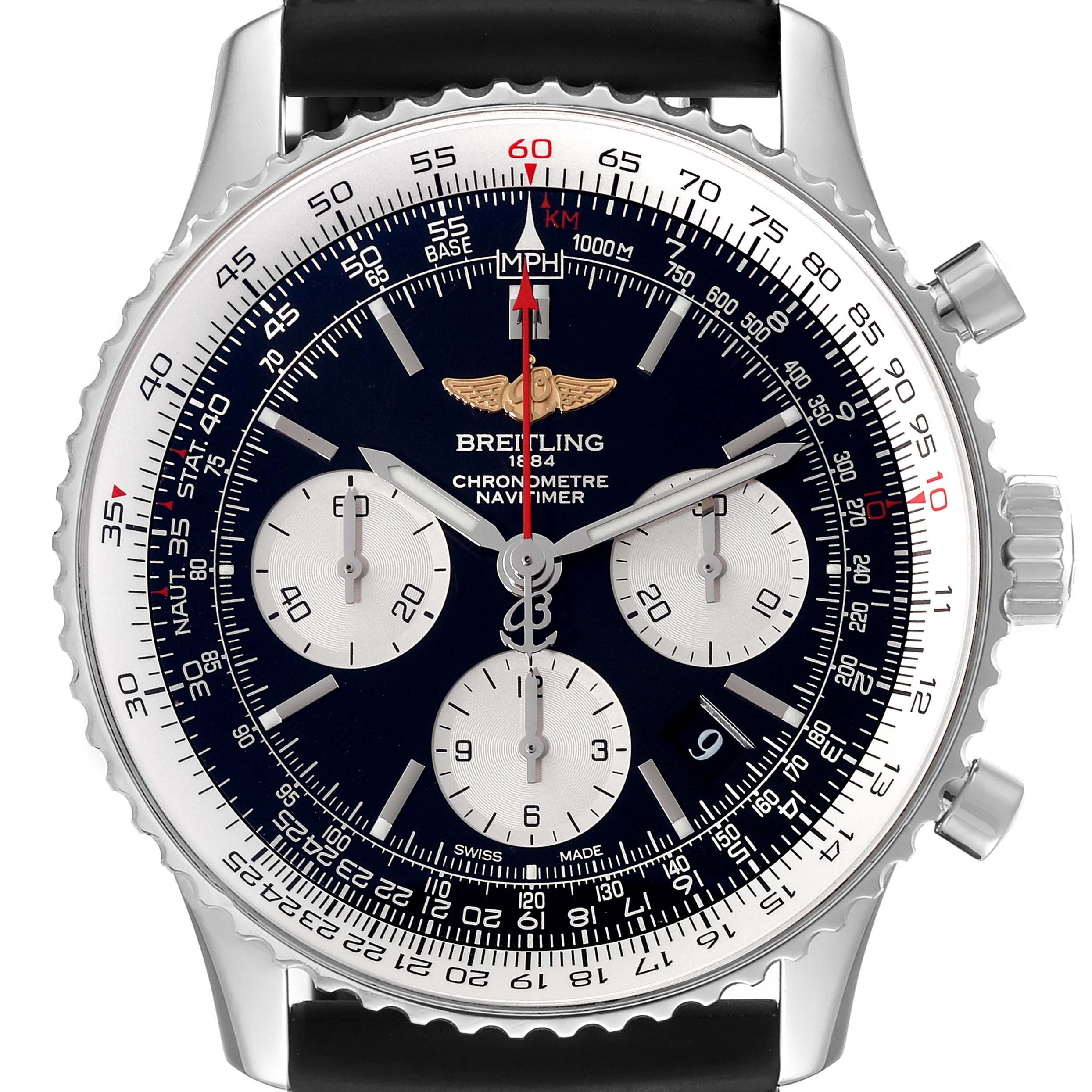 This image shows a front view of a Breitling Navitimer AB0120 Men's Stainless Steel Black Dial AB0120 Men's Stainless Steel Black Dial watch, highlighting its dial, bezel, chronograph sub-dials, and strap.