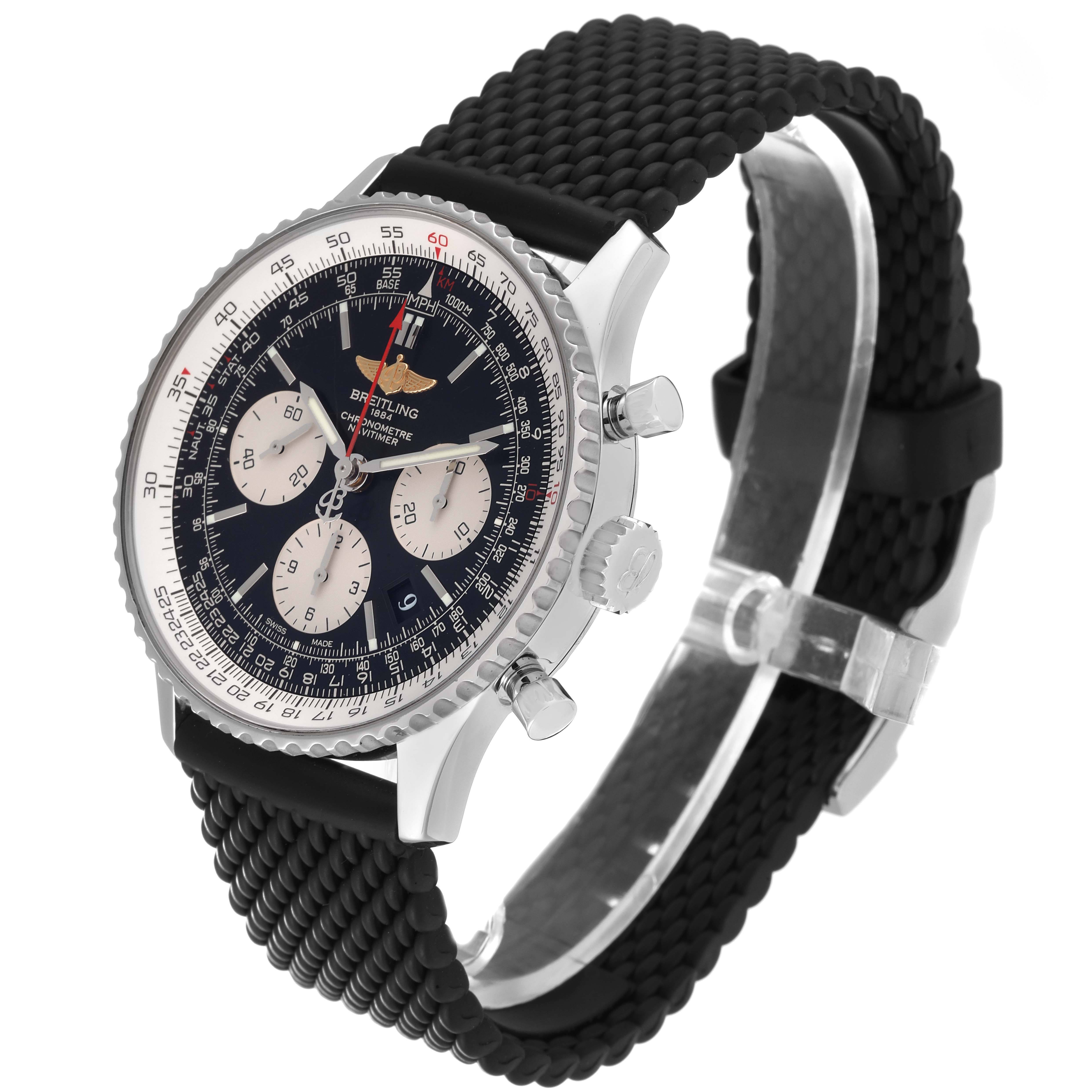 The image shows a Breitling Navitimer AB0120 Men's Stainless Steel Black Dial AB0120 Men's Stainless Steel Black Dial watch at an angle emphasizing the face, bezel, crown, pushers, and woven strap.