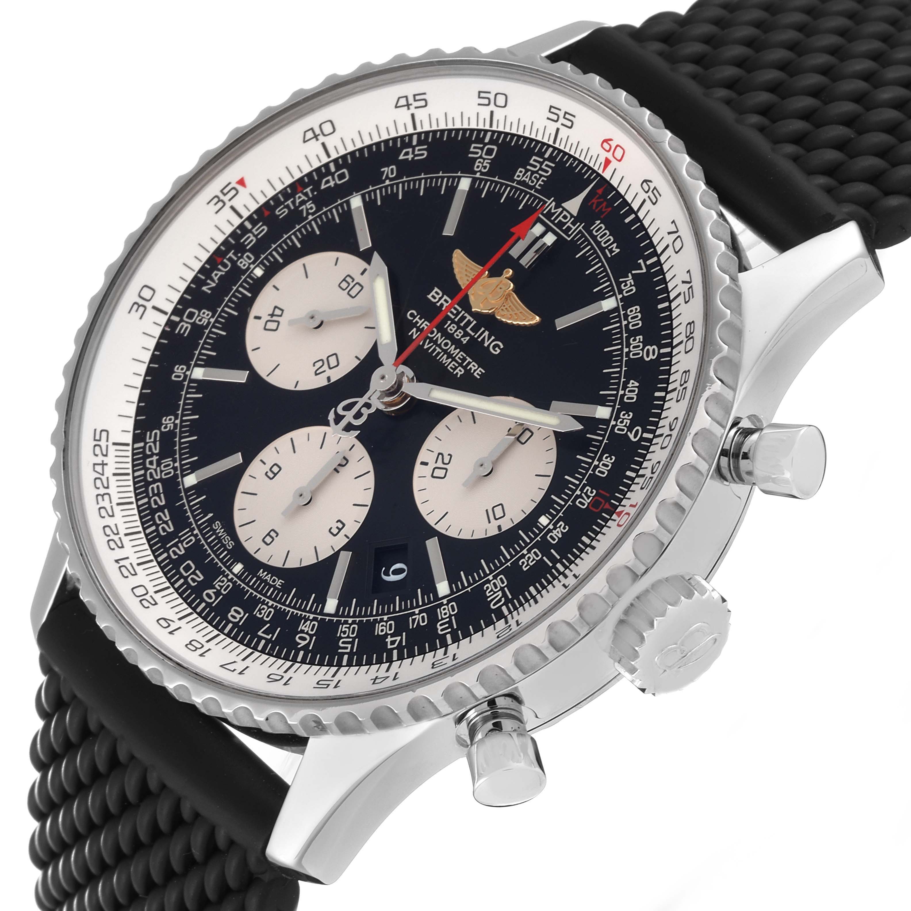 The Breitling Navitimer AB0120 Men's Stainless Steel Black Dial AB0120 Men's Stainless Steel Black Dial watch is shown at a slight angle, highlighting its face, bezel, side buttons, and a portion of its black strap.