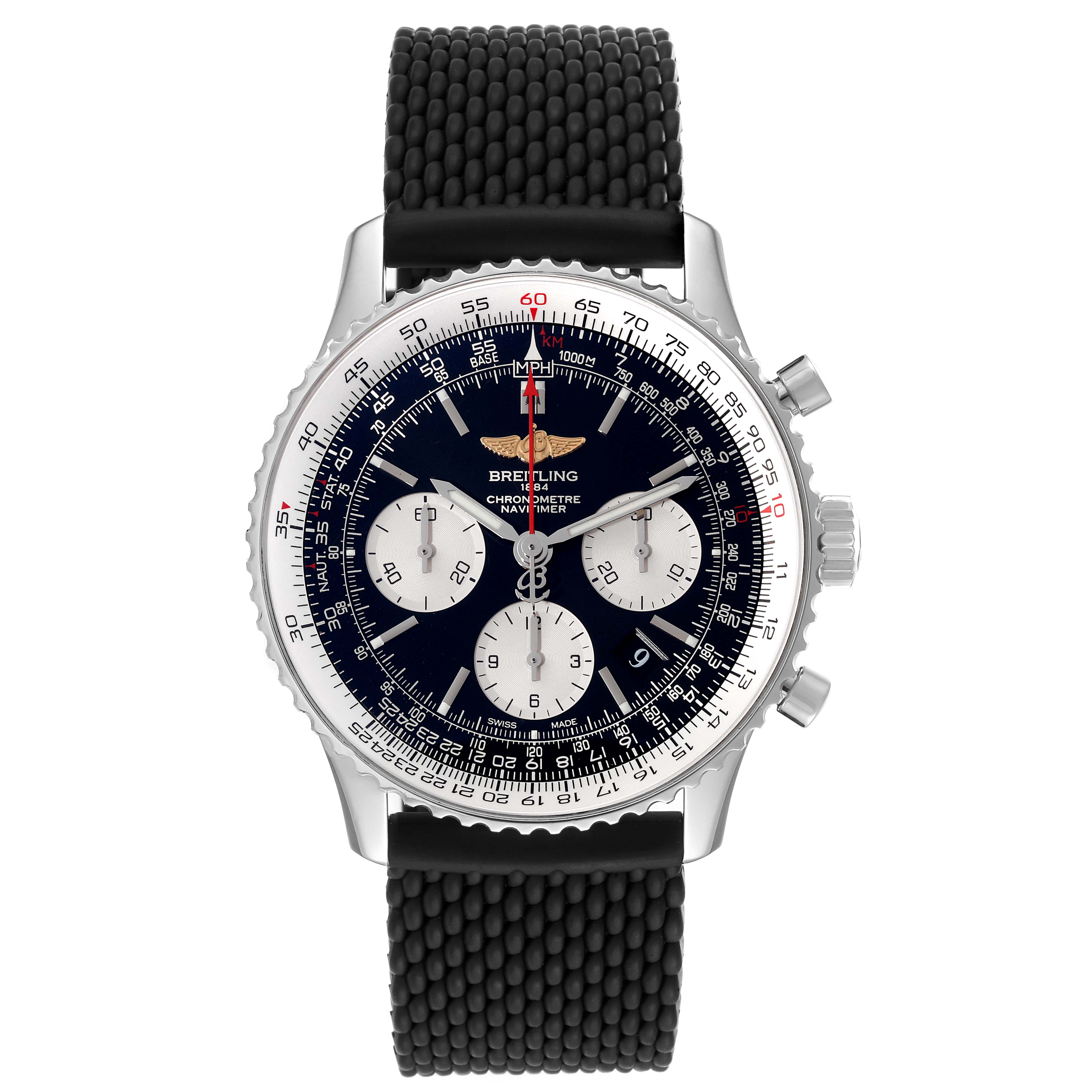 The image shows a front view of a Breitling Navitimer AB0120 Men's Stainless Steel Black Dial AB0120 Men's Stainless Steel Black Dial watch featuring a black dial, three subdials, and a black textured strap.