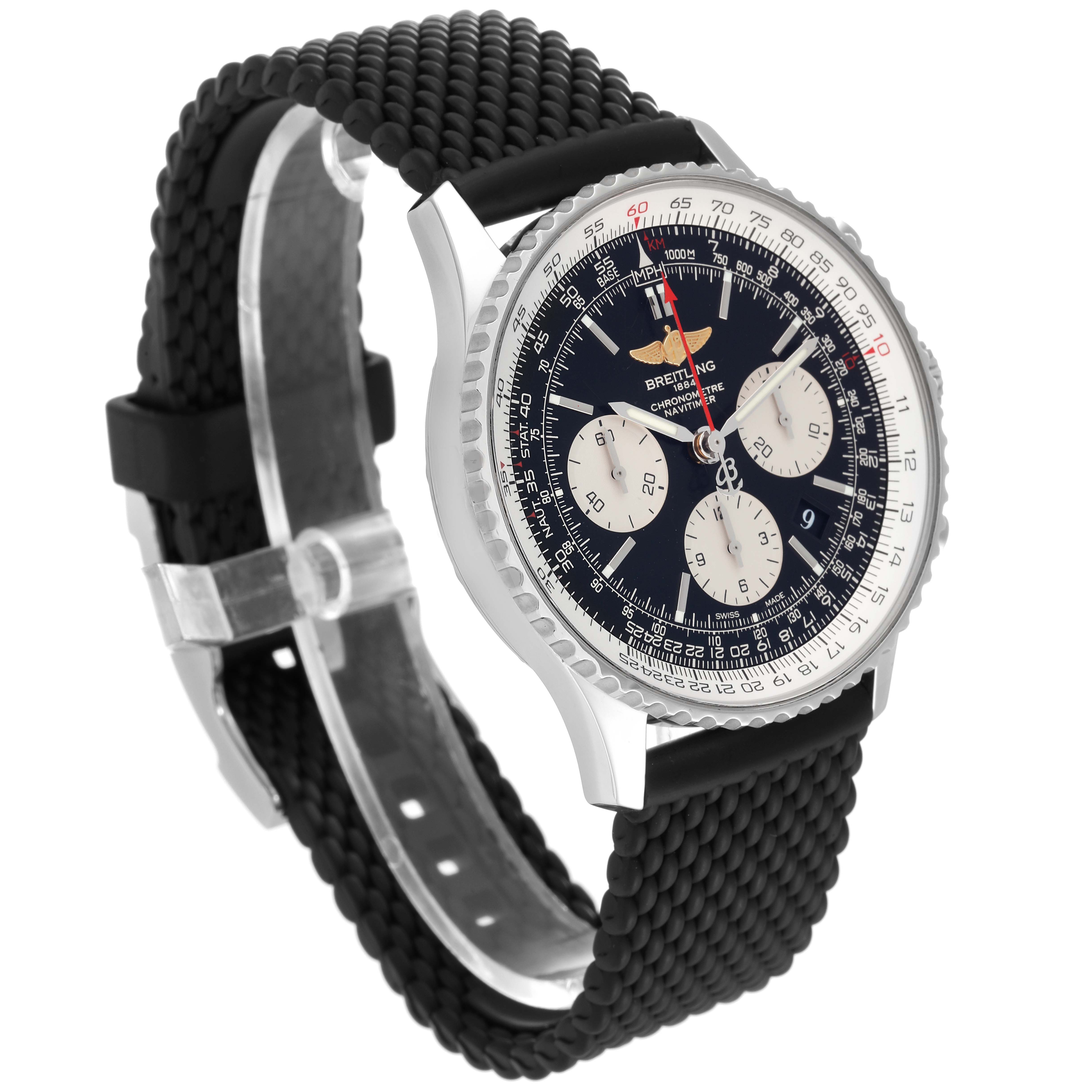 The image shows a Breitling Navitimer AB0120 Men's Stainless Steel Black Dial AB0120 Men's Stainless Steel Black Dial watch at an angled side view, highlighting its face, bezel, and black strap.