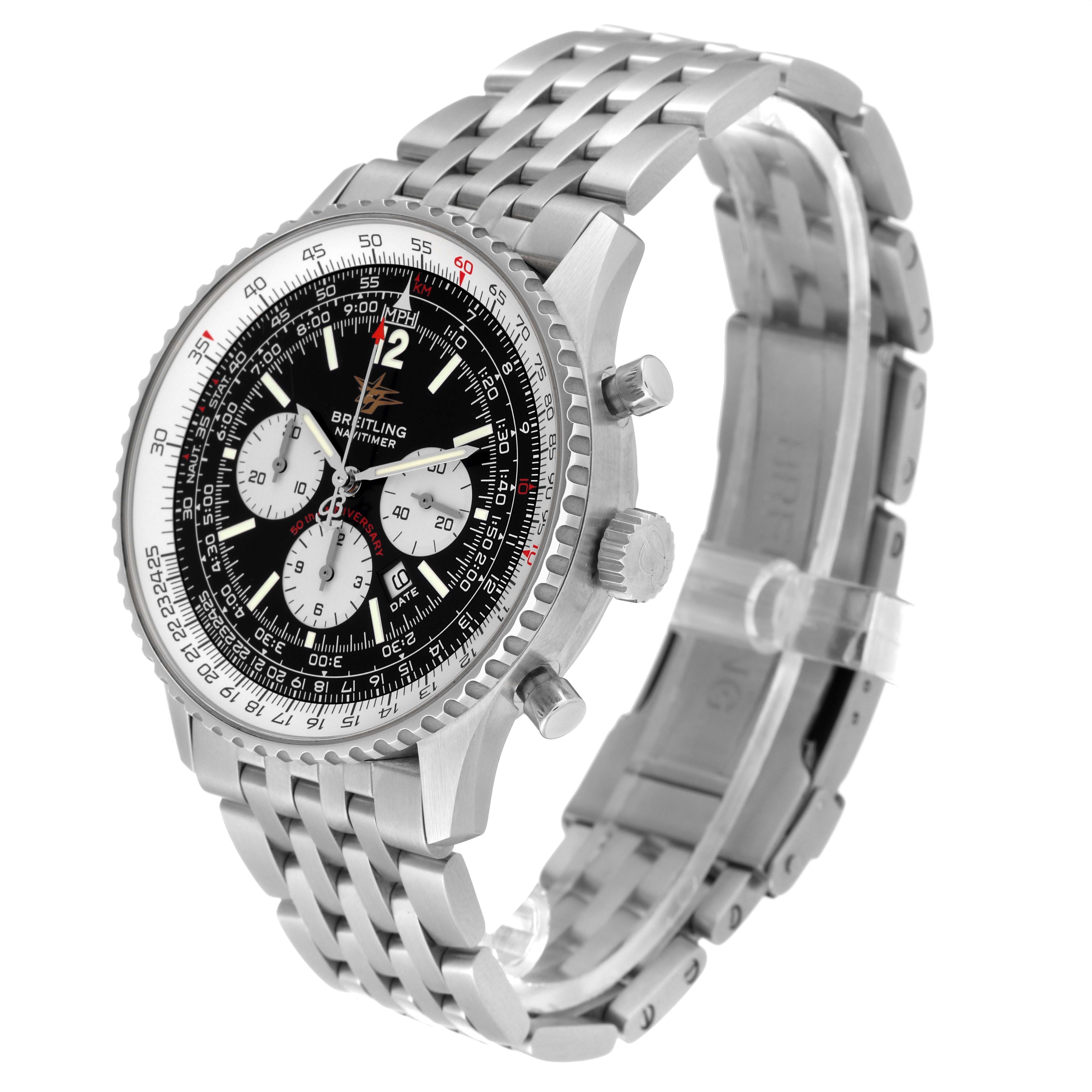 This image shows a Breitling Navitimer A41322 Men's Stainless Steel Black Dial A41322 Men's Stainless Steel Black Dial watch at a slight angle, highlighting the face, bezel, crown, pushers, and metal bracelet.