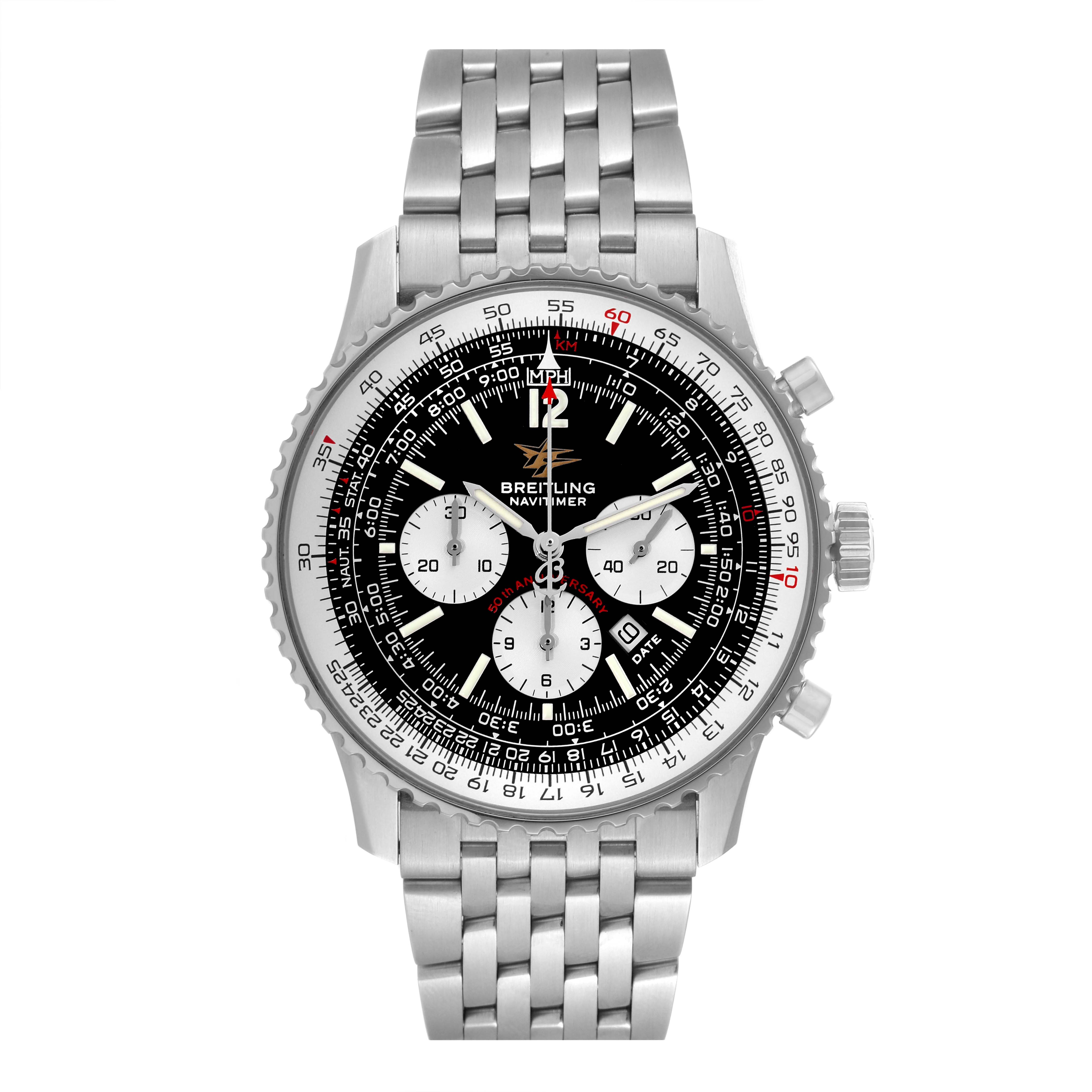 The image shows a front view of the Breitling Navitimer A41322 Men's Stainless Steel Black Dial A41322 Men's Stainless Steel Black Dial watch, highlighting its dial, bezel, and stainless steel bracelet.
