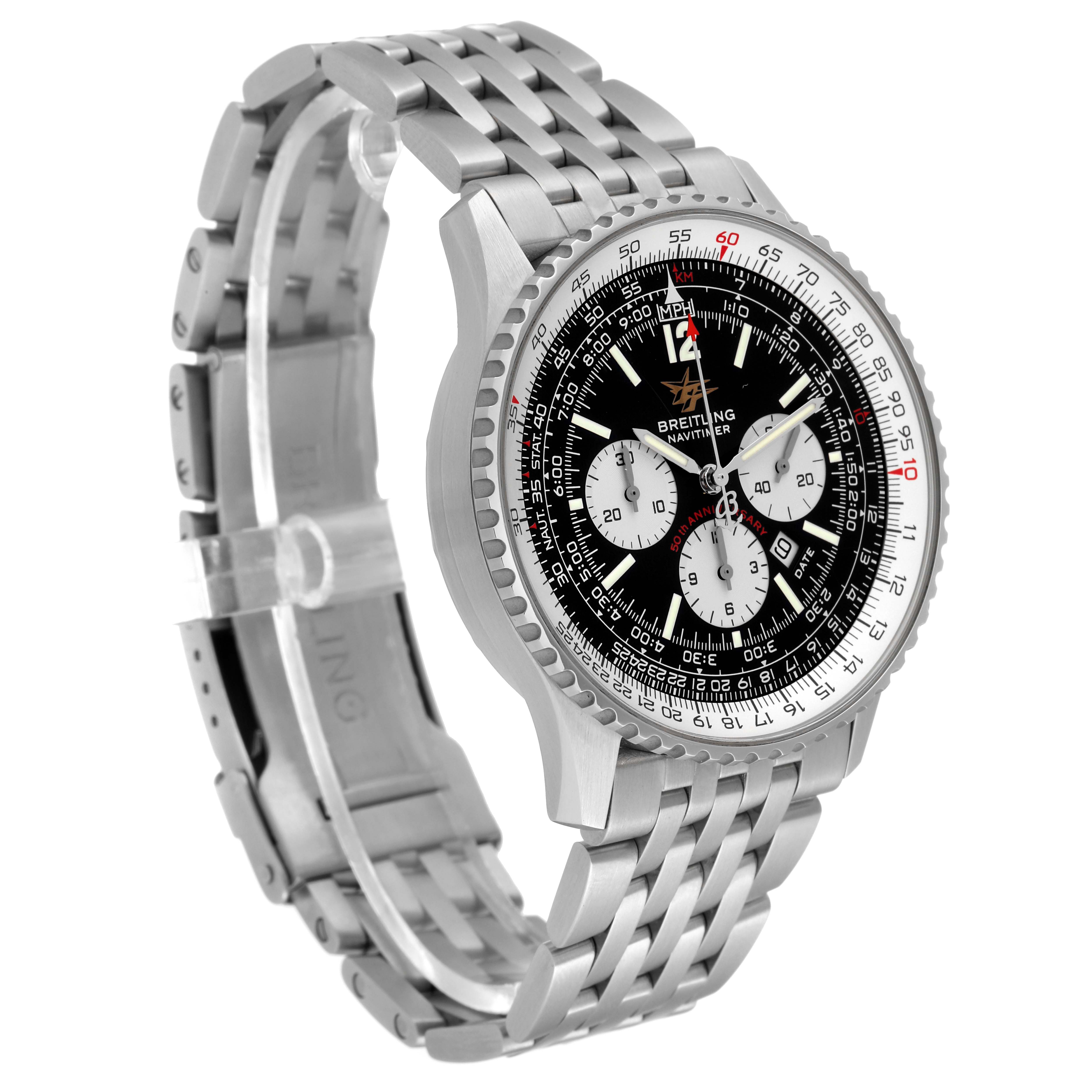The image shows a Breitling Navitimer A41322 Men's Stainless Steel Black Dial A41322 Men's Stainless Steel Black Dial watch at a three-quarter angle, highlighting the face, bezel, and metal bracelet.