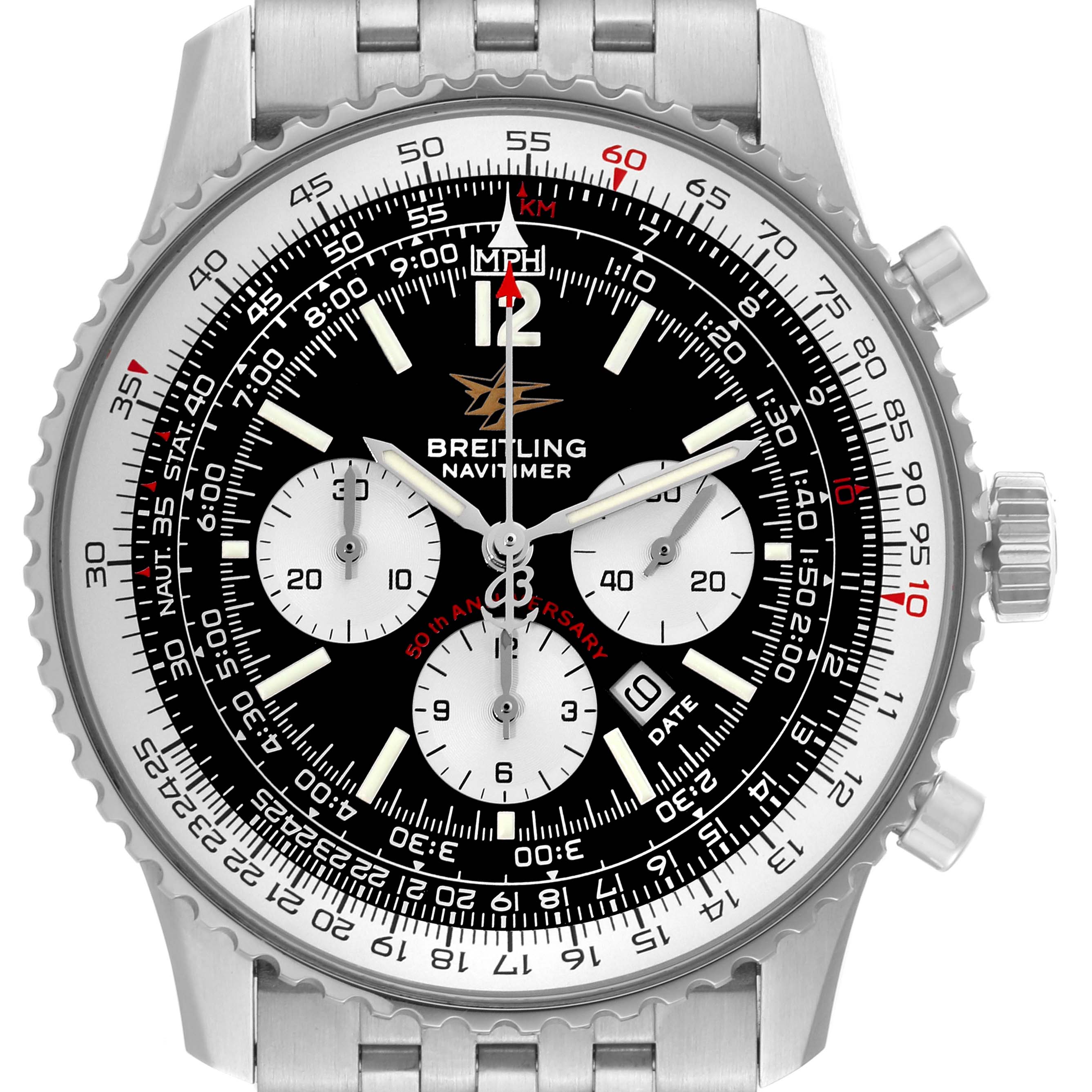 The image shows a front view of the Breitling Navitimer A41322 Men's Stainless Steel Black Dial A41322 Men's Stainless Steel Black Dial watch, highlighting the dial, bezel, and chronograph sub-dials.