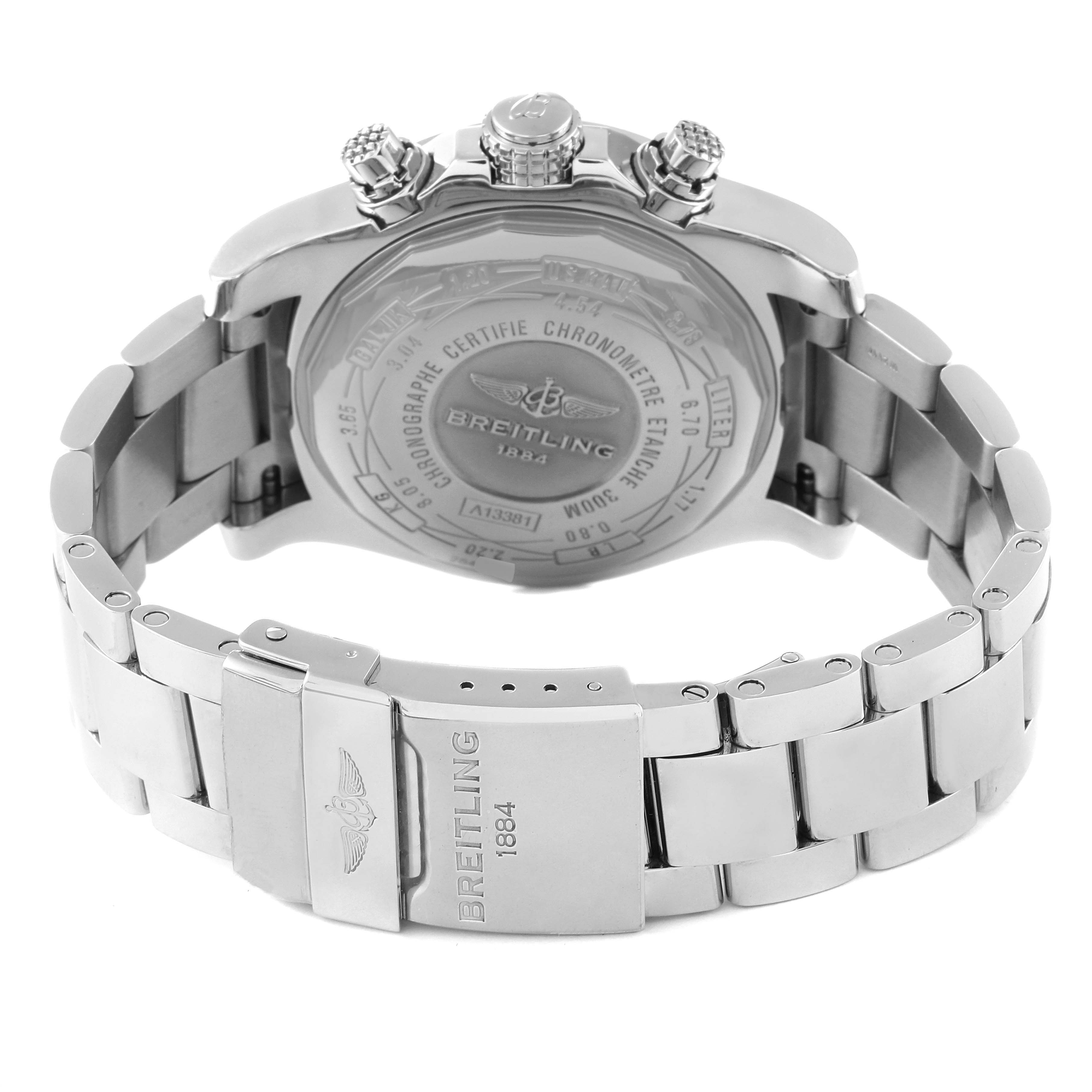 The image shows the back view of a Breitling Avenger A13381 Men's Stainless Steel Mother of Pearl Dial A13381 Men's Stainless Steel Mother of Pearl Dial watch, displaying the case back, bracelet, and clasp.