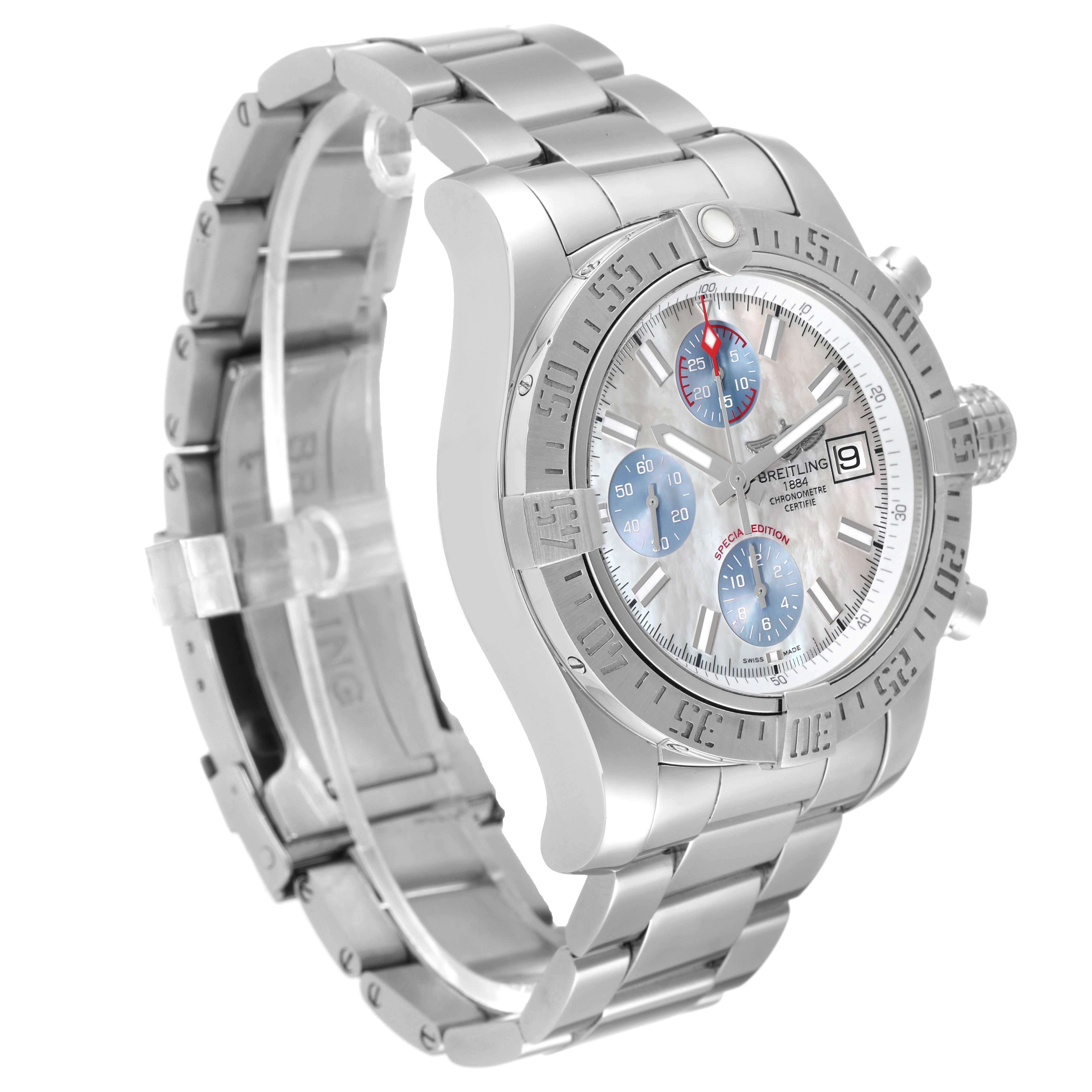 The image shows a Breitling Avenger A13381 Men's Stainless Steel Mother of Pearl Dial A13381 Men's Stainless Steel Mother of Pearl Dial model watch, angled to display the bracelet, bezel, face, and side pushers.