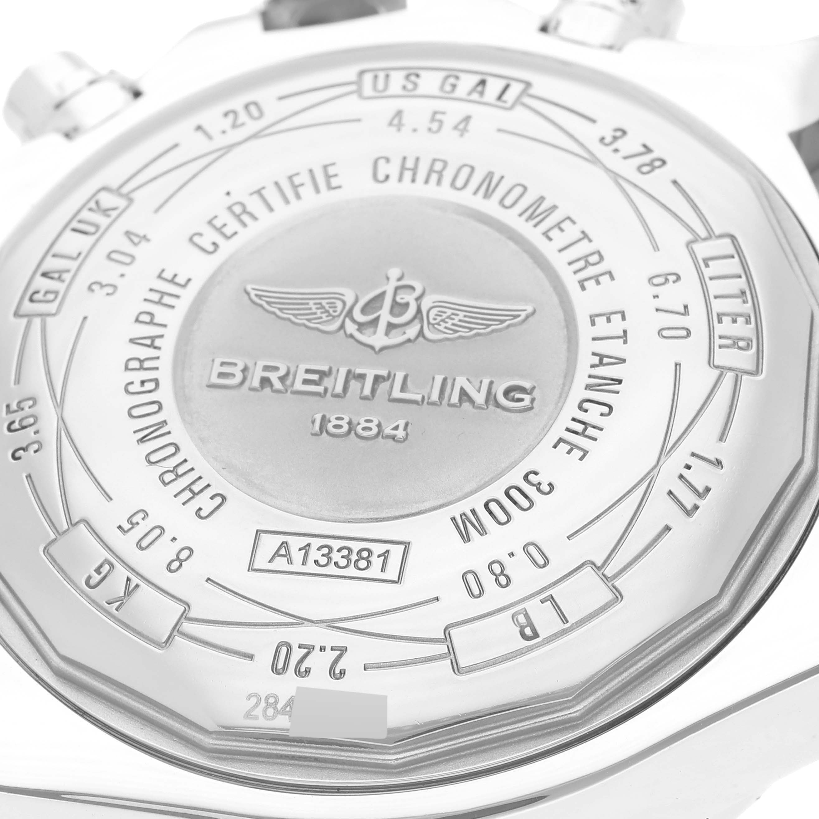 The image shows the case back of a Breitling Avenger A13381 Men's Stainless Steel Mother of Pearl Dial A13381 Men's Stainless Steel Mother of Pearl Dial watch, displaying model details and specifications.