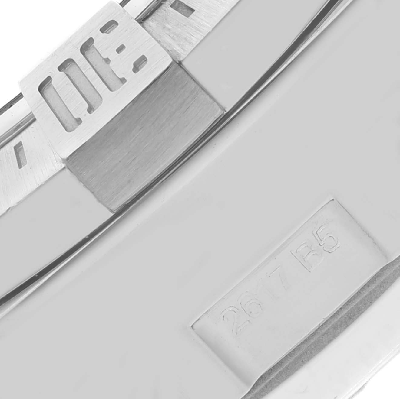 The image shows a close-up of the bezel and serial number of a Breitling Avenger A13381 Men's Stainless Steel Mother of Pearl Dial A13381 Men's Stainless Steel Mother of Pearl Dial watch.