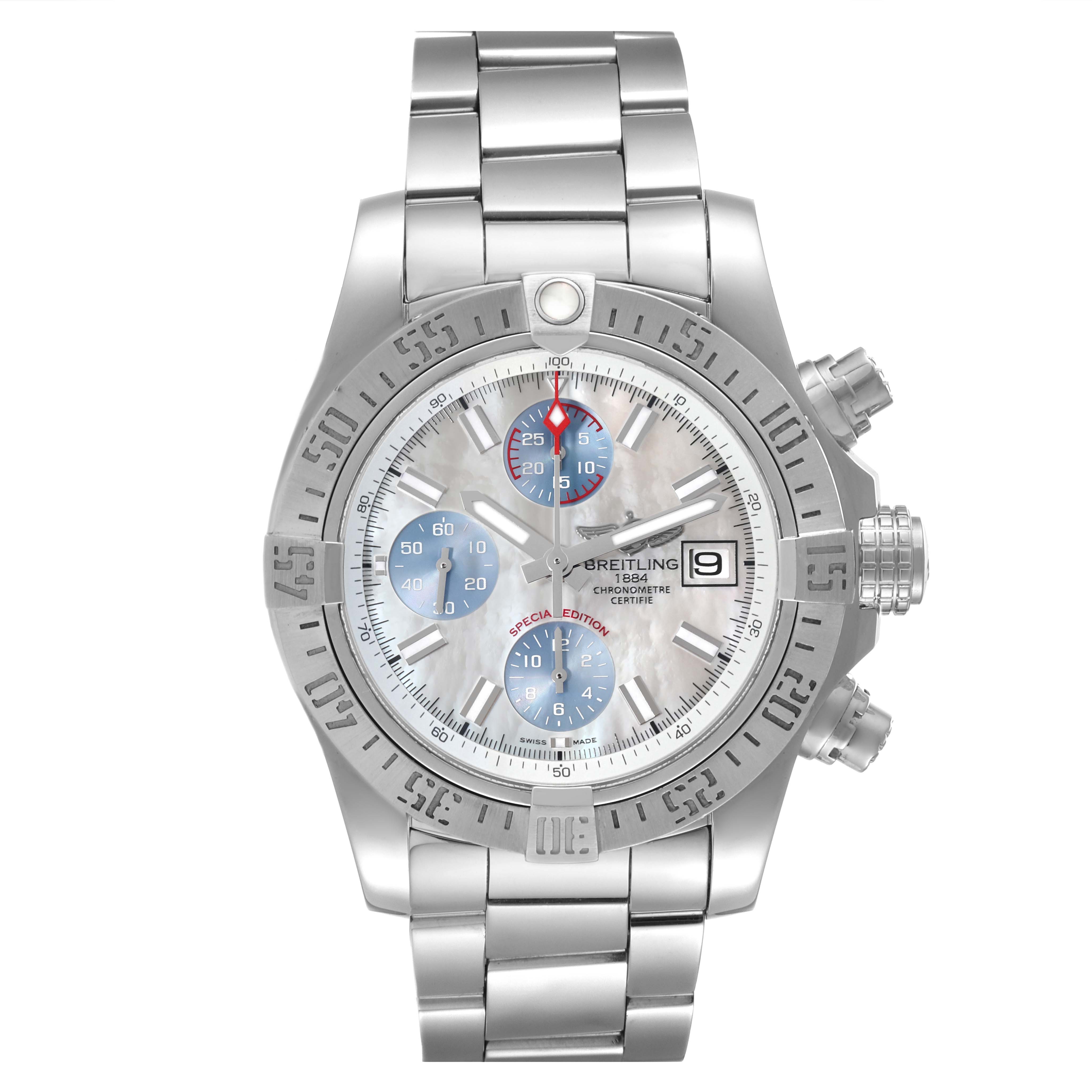 The image shows a front view of a Breitling Avenger A13381 Men's Stainless Steel Mother of Pearl Dial A13381 Men's Stainless Steel Mother of Pearl Dial watch, featuring its dial, bezel, and metal bracelet.