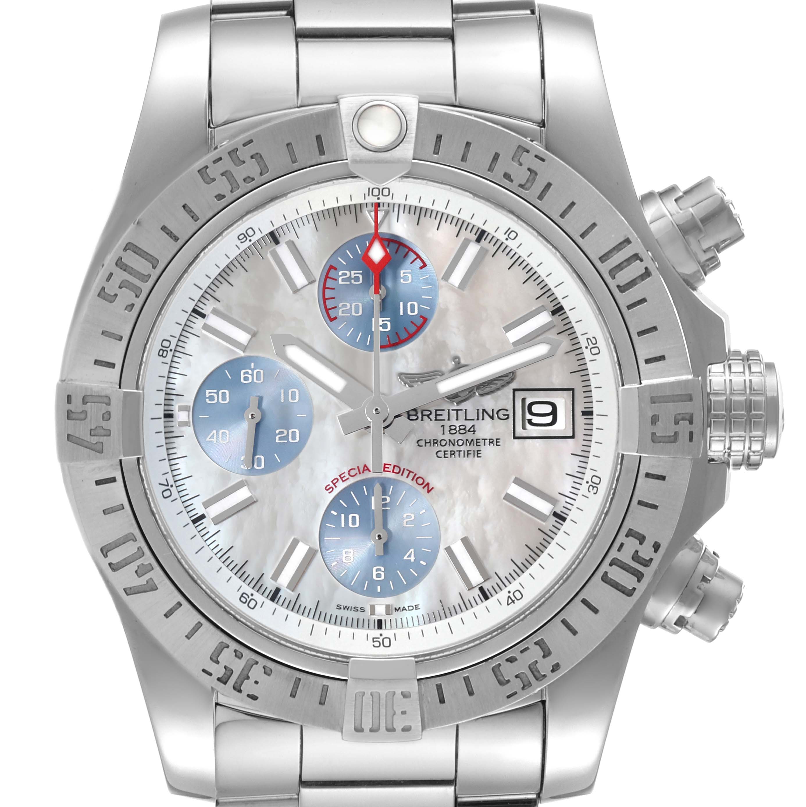 This image shows a front view of the Breitling Avenger A13381 Men's Stainless Steel Mother of Pearl Dial A13381 Men's Stainless Steel Mother of Pearl Dial watch, highlighting its face, bezel, chronograph dials, and bracelet.