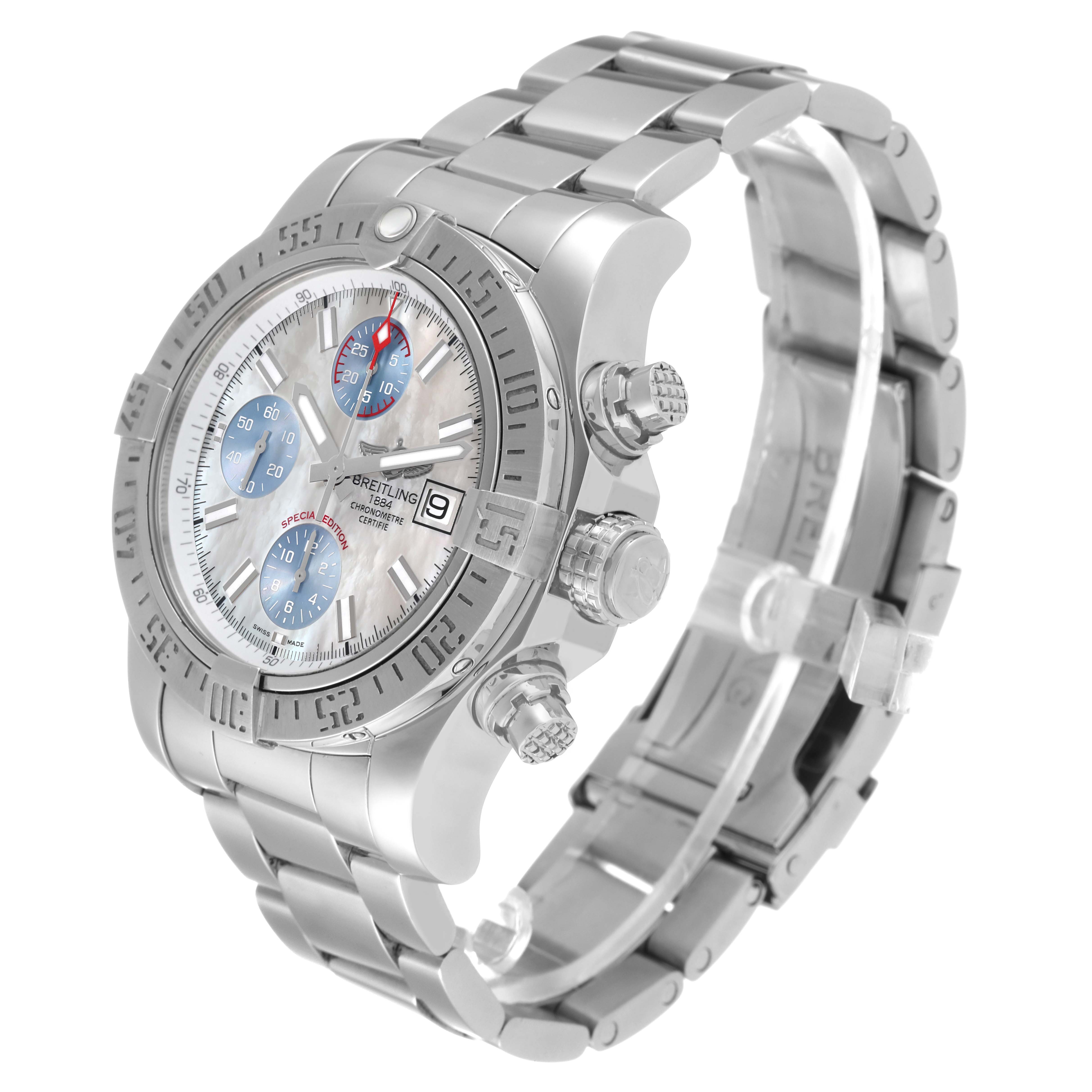 The image shows the Breitling Avenger A13381 Men's Stainless Steel Mother of Pearl Dial A13381 Men's Stainless Steel Mother of Pearl Dial watch at an angled view, showcasing the bracelet, chronograph dials, crown, and side buttons.