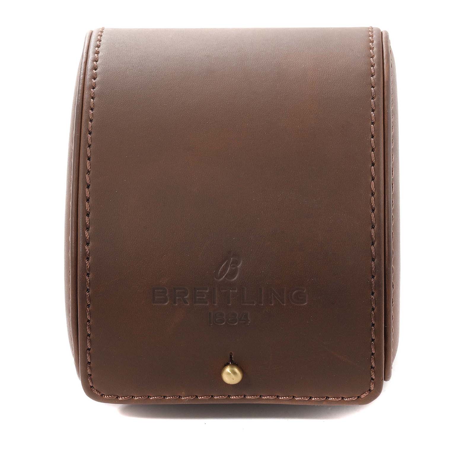 This image shows a front view of a Breitling Avenger A13381 Men's Stainless Steel Mother of Pearl Dial A13381 Men's Stainless Steel Mother of Pearl Dial watch case made of brown leather.