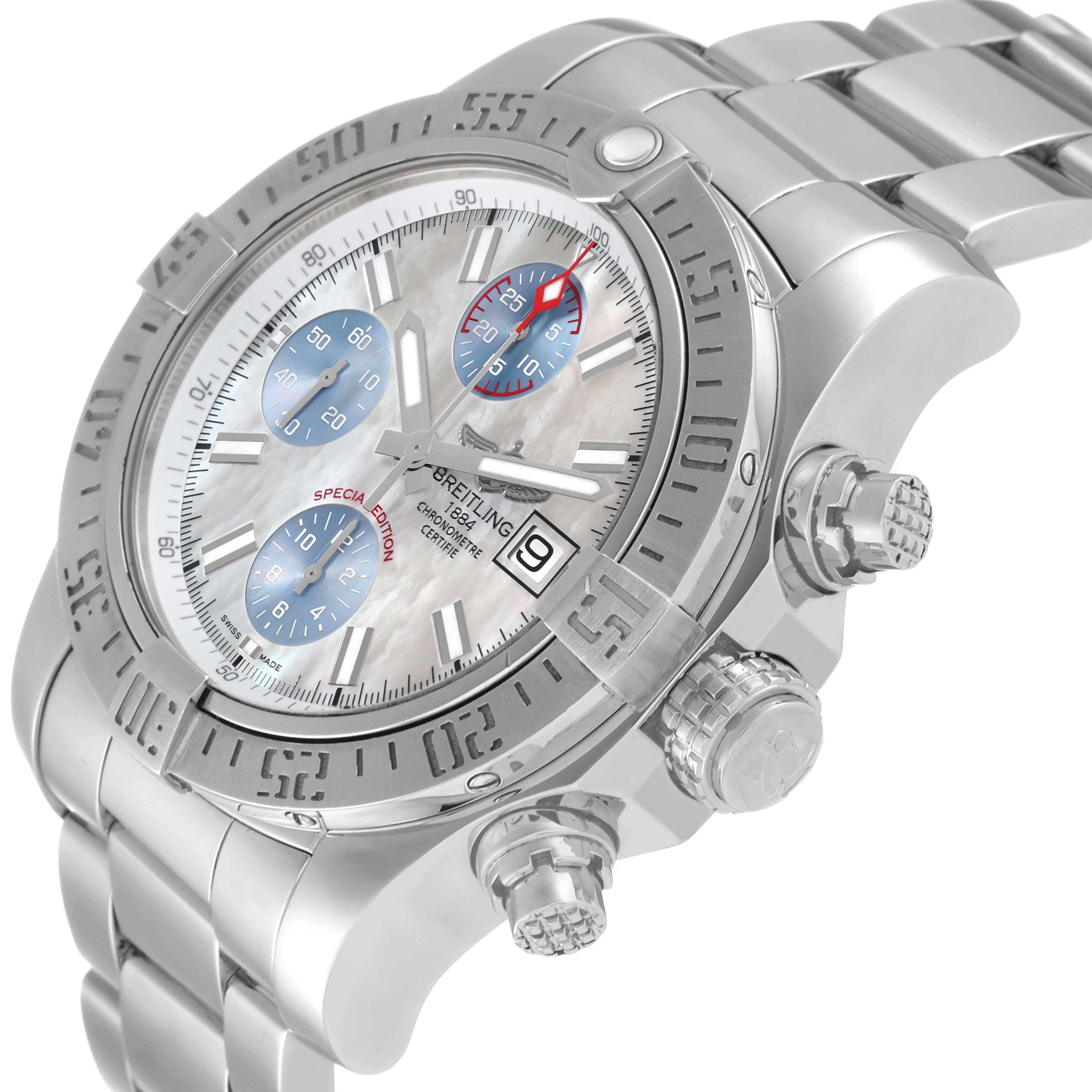 The Breitling Avenger A13381 Men's Stainless Steel Mother of Pearl Dial A13381 Men's Stainless Steel Mother of Pearl Dial watch is shown at an angled top-left view, highlighting its face, bezel, and metal bracelet.