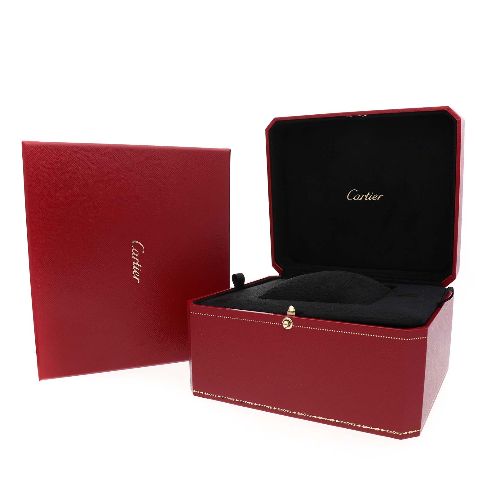 The image shows a Cartier Ballon Bleu W69002Z2 Women's Rose Gold Silver Dial watch box, open, displaying its interior cushion and the signature logo.