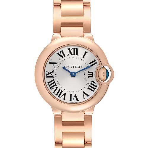 The Cartier Ballon Bleu W69002Z2 Women's Rose Gold Silver Dial watch is shown from a front angle, highlighting its face, Roman numerals, and metal bracelet.
