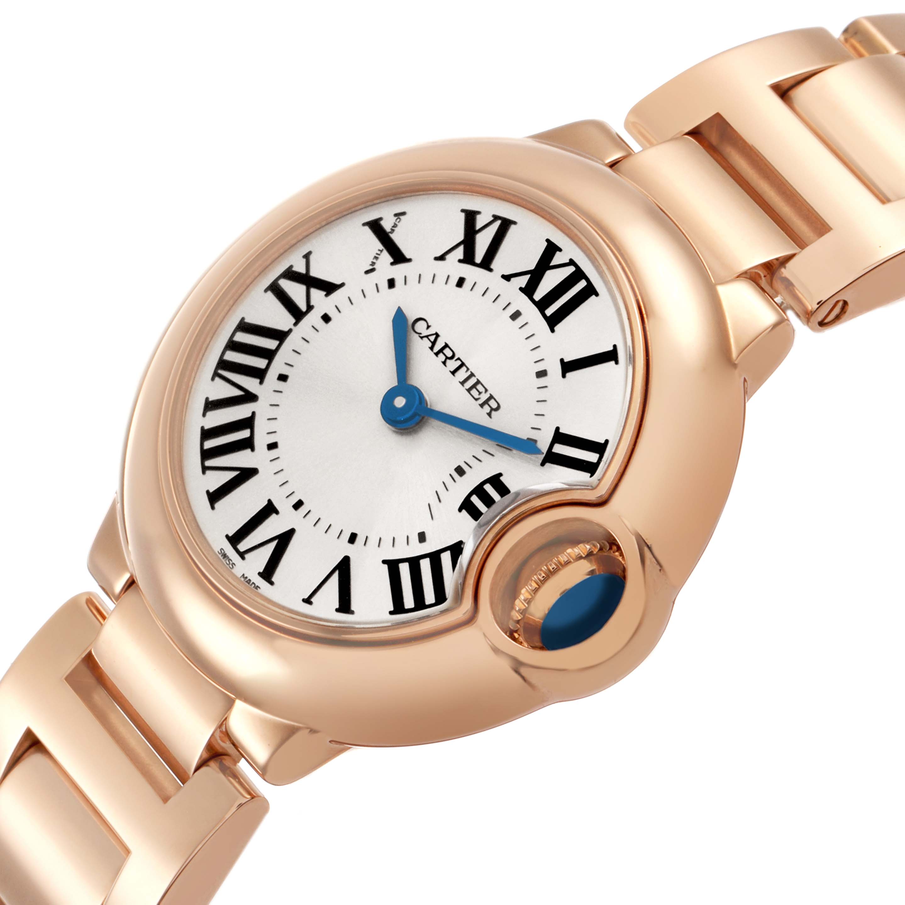 The Cartier Ballon Bleu W69002Z2 Women's Rose Gold Silver Dial watch is shown at an angle highlighting the round face, Roman numerals, crown, and part of the bracelet.
