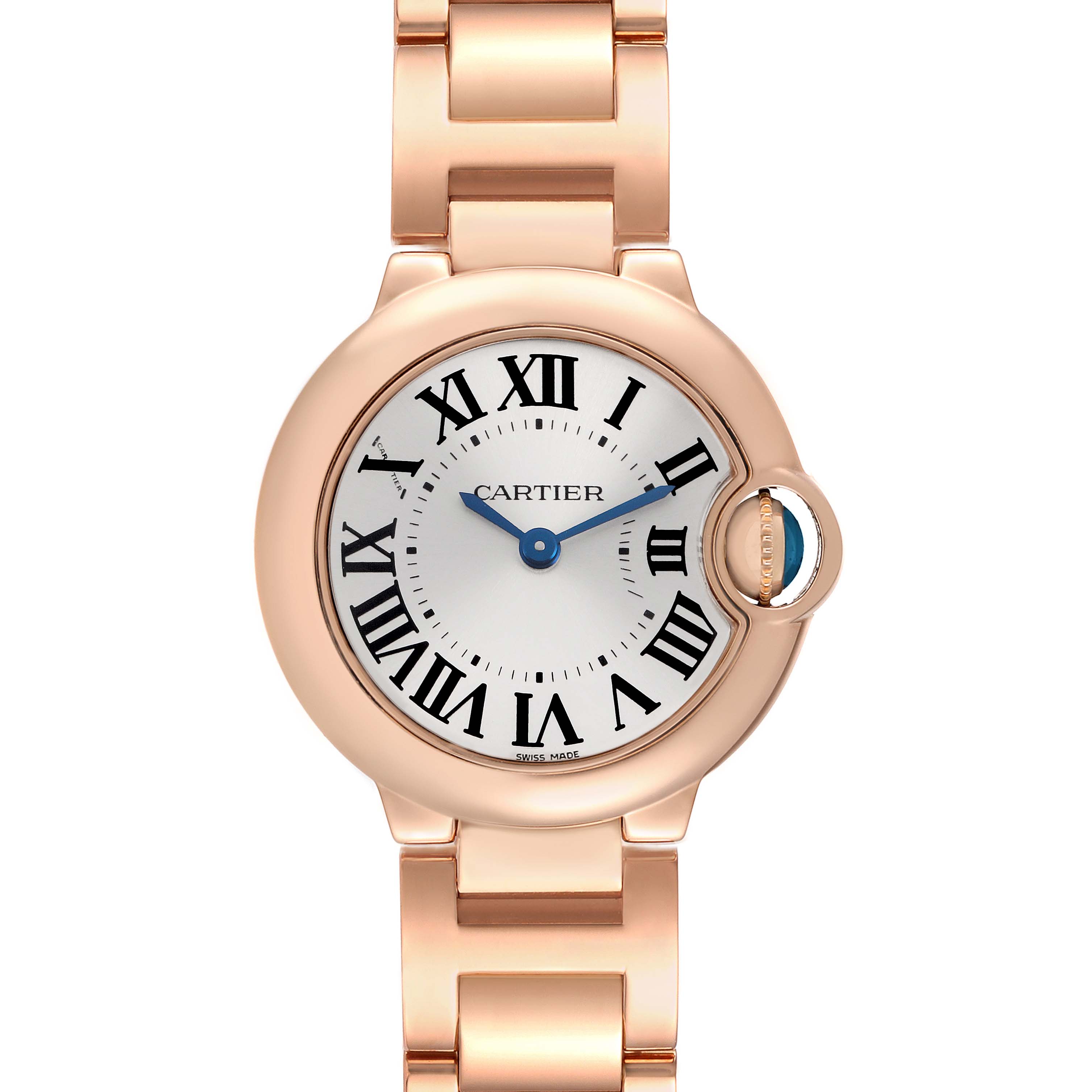 The Cartier Ballon Bleu W69002Z2 Women's Rose Gold Silver Dial watch is shown from the front, displaying its round face, Roman numerals, and metal bracelet.