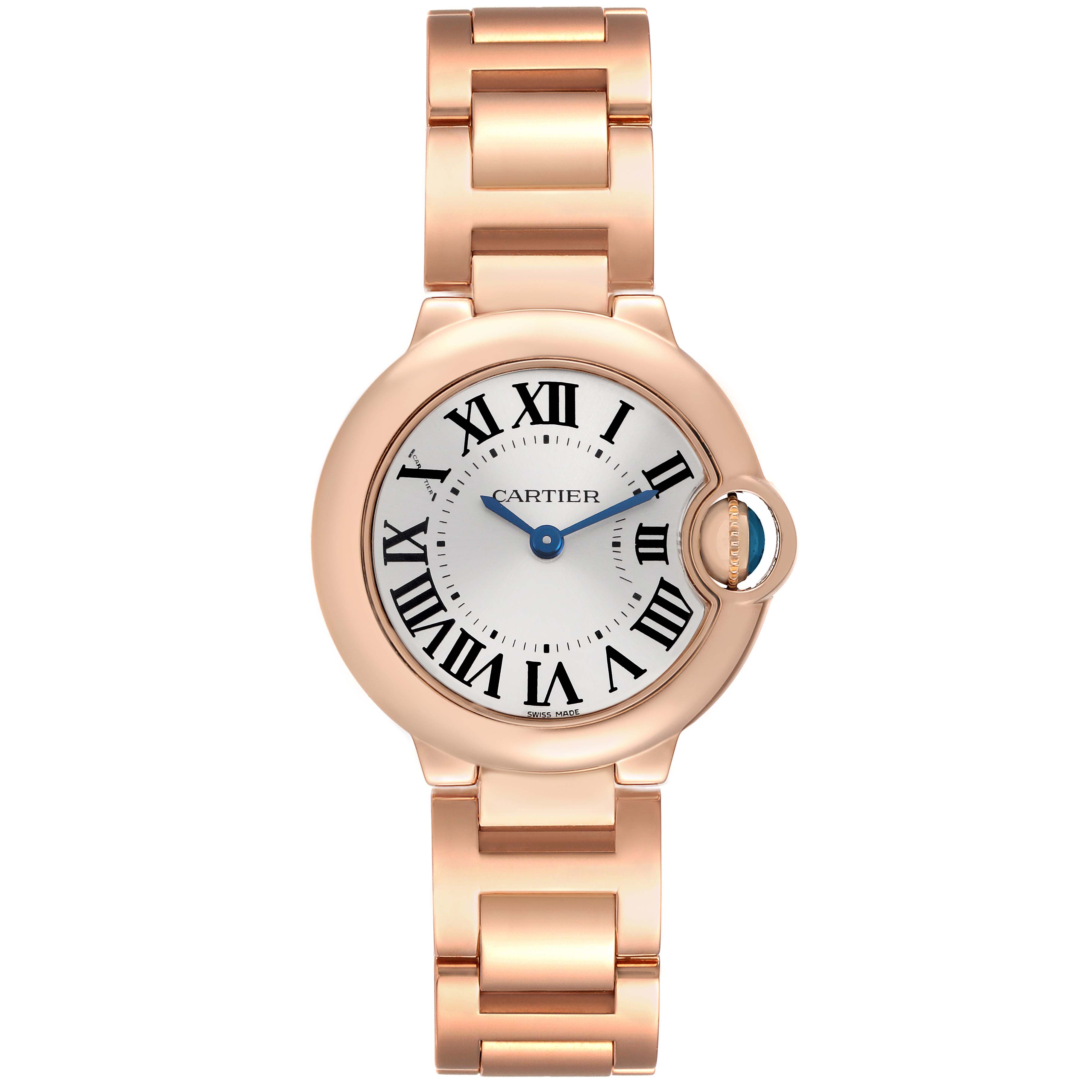 The Cartier Ballon Bleu W69002Z2 Women's Rose Gold Silver Dial watch is shown from a top-down angle, displaying the face, case, crown, and part of the bracelet.