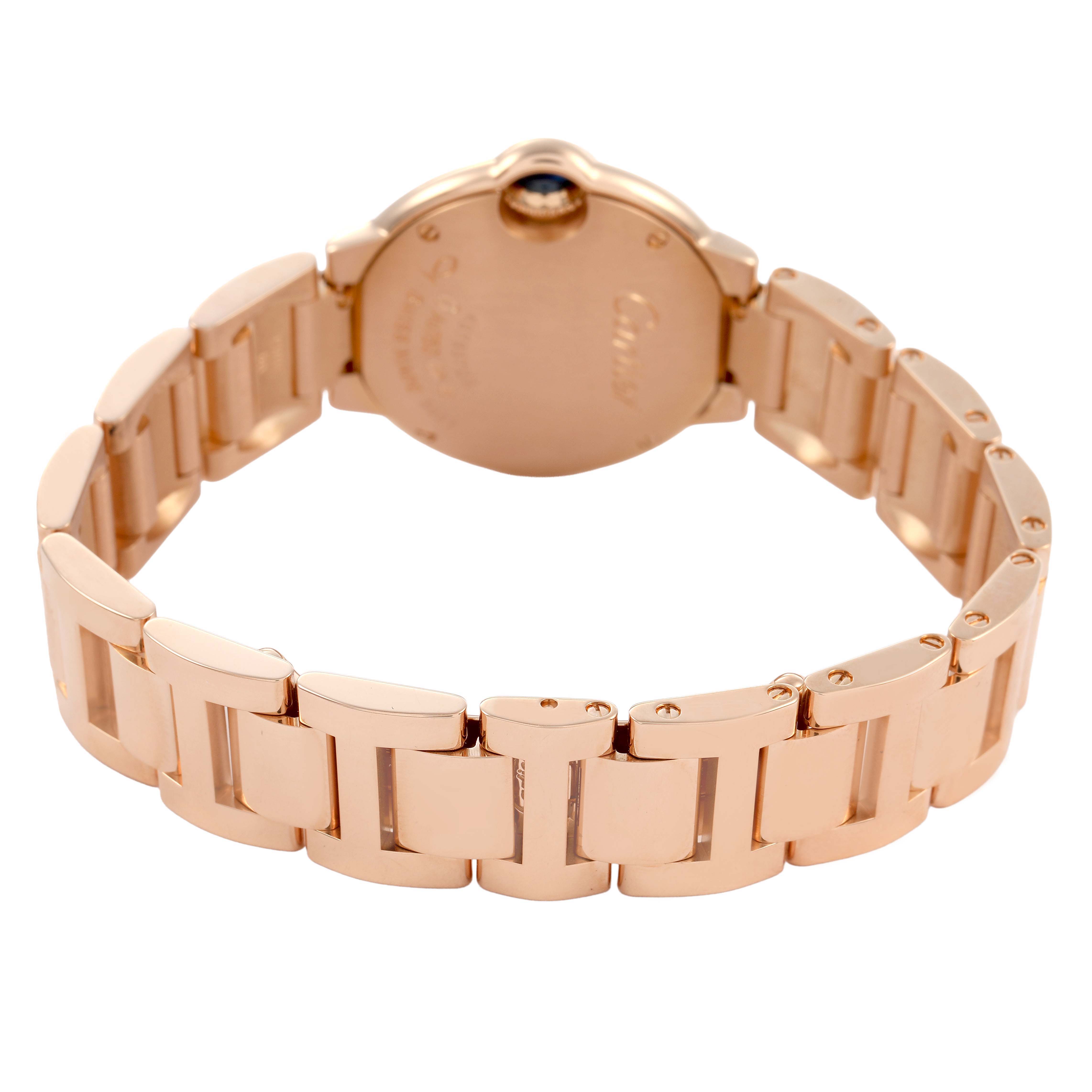 The image shows the back view of a Cartier Ballon Bleu W69002Z2 Women's Rose Gold Silver Dial watch, highlighting the case back and the bracelet.