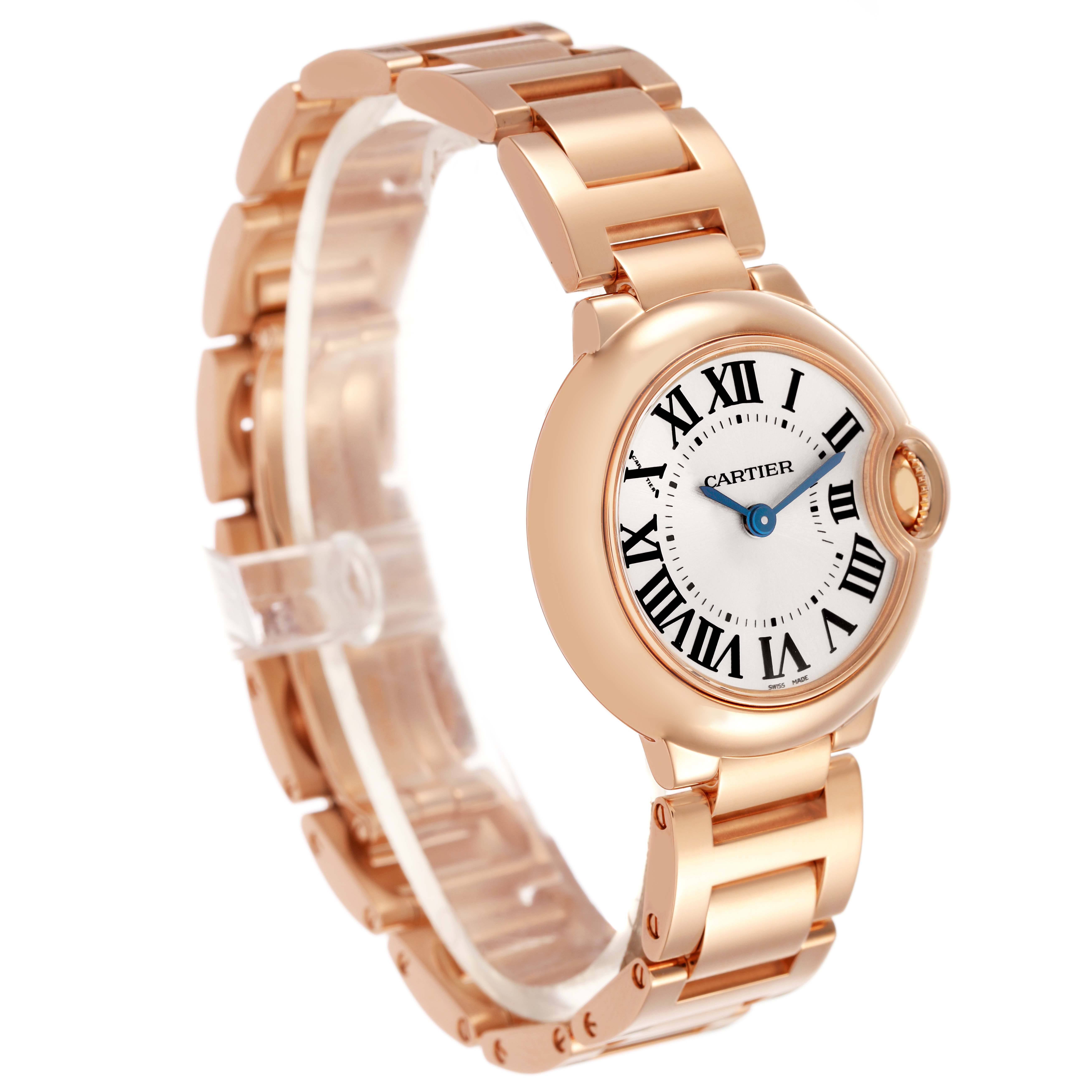 The Cartier Ballon Bleu W69002Z2 Women's Rose Gold Silver Dial watch is shown at a three-quarter angle, highlighting its case, crown, and bracelet links.