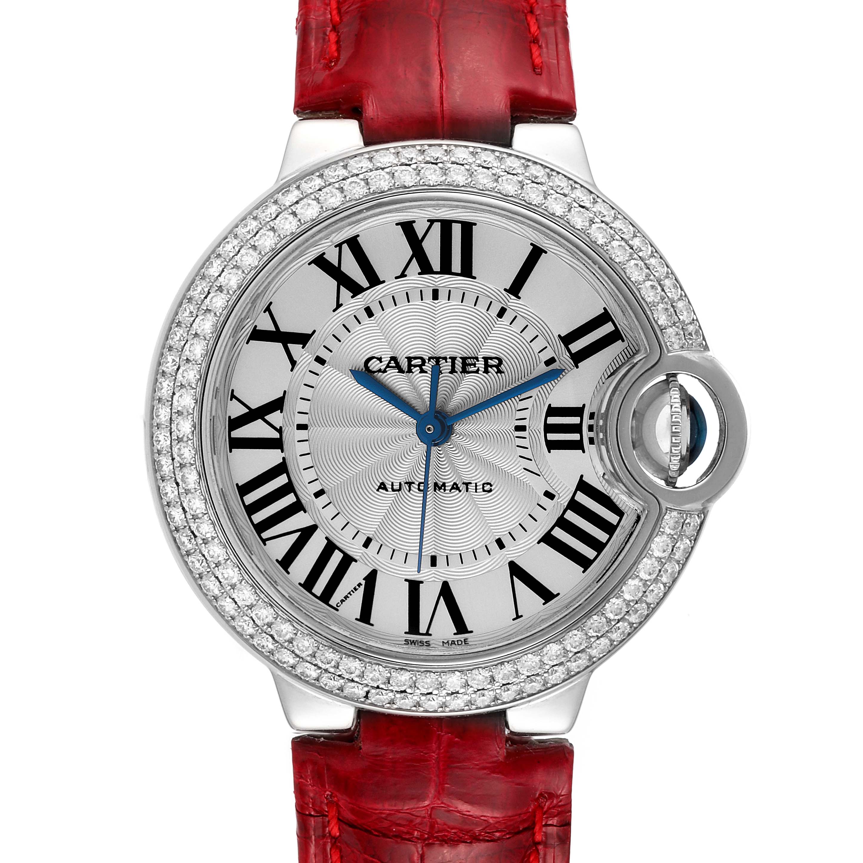This image shows a front view of the Cartier Ballon Bleu WE902067 Women
s White Gold Silver Dial WE902067 Women
s White Gold Silver Dial watch, highlighting its dial, blue hands, round case, and red strap.