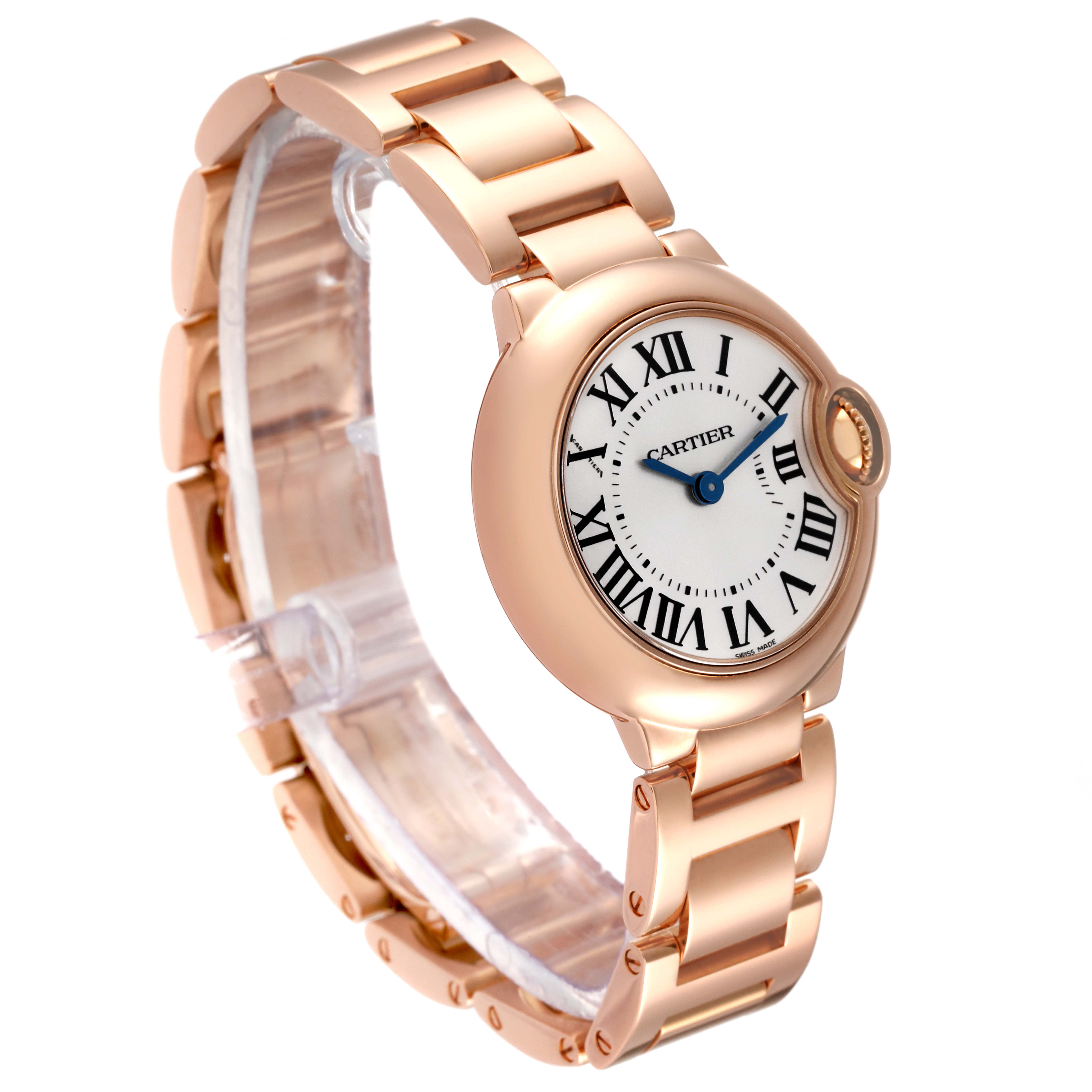 The image shows a side and front view of the Cartier Ballon Bleu W69002Z2 Women
s Rose Gold Silver Dial W69002Z2 Women
s Rose Gold Silver Dial watch, highlighting its round face and metal bracelet.