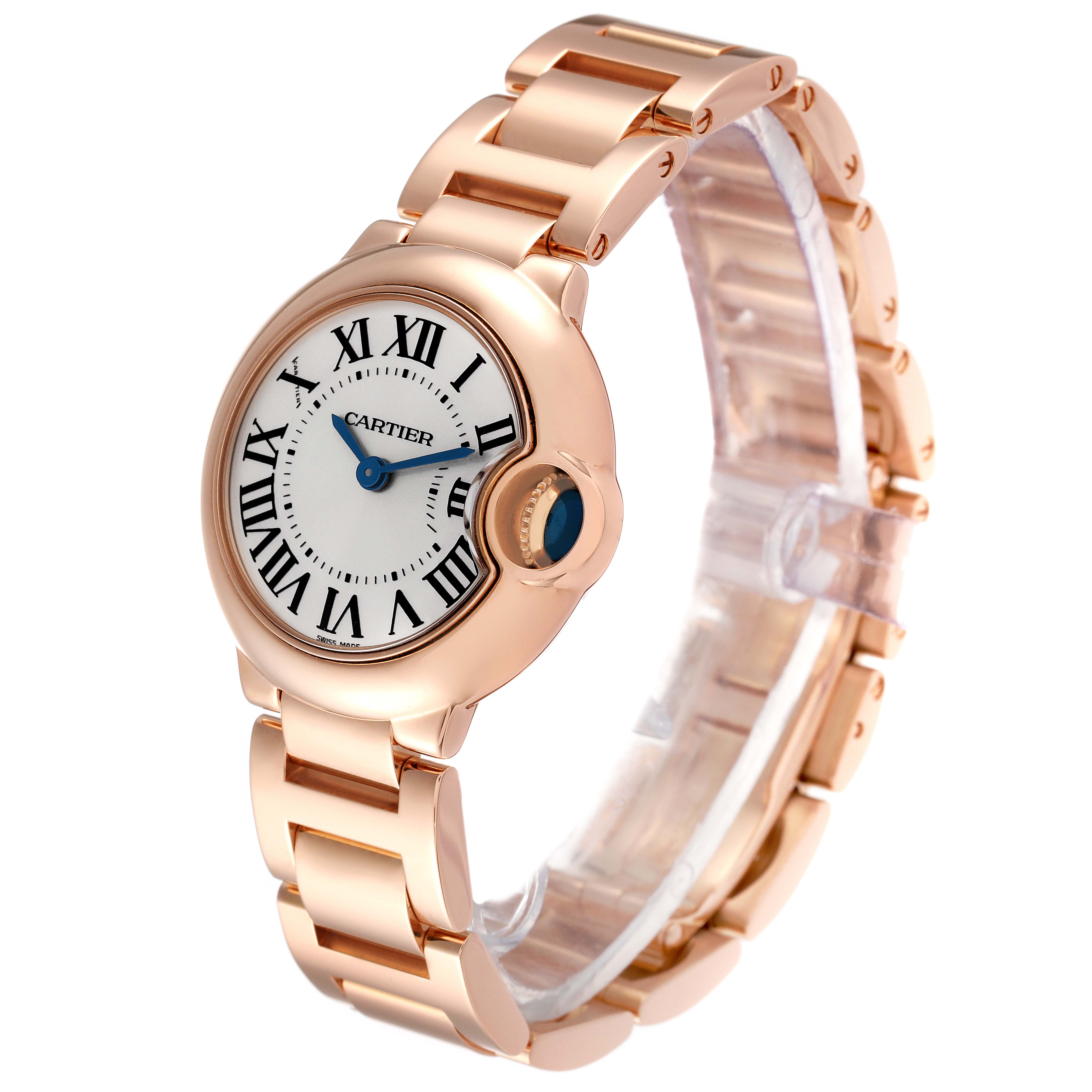 The image shows a side angle of a Cartier Ballon Bleu W69002Z2 Women
s Rose Gold Silver Dial W69002Z2 Women
s Rose Gold Silver Dial watch, highlighting the face, bracelet, and crown.