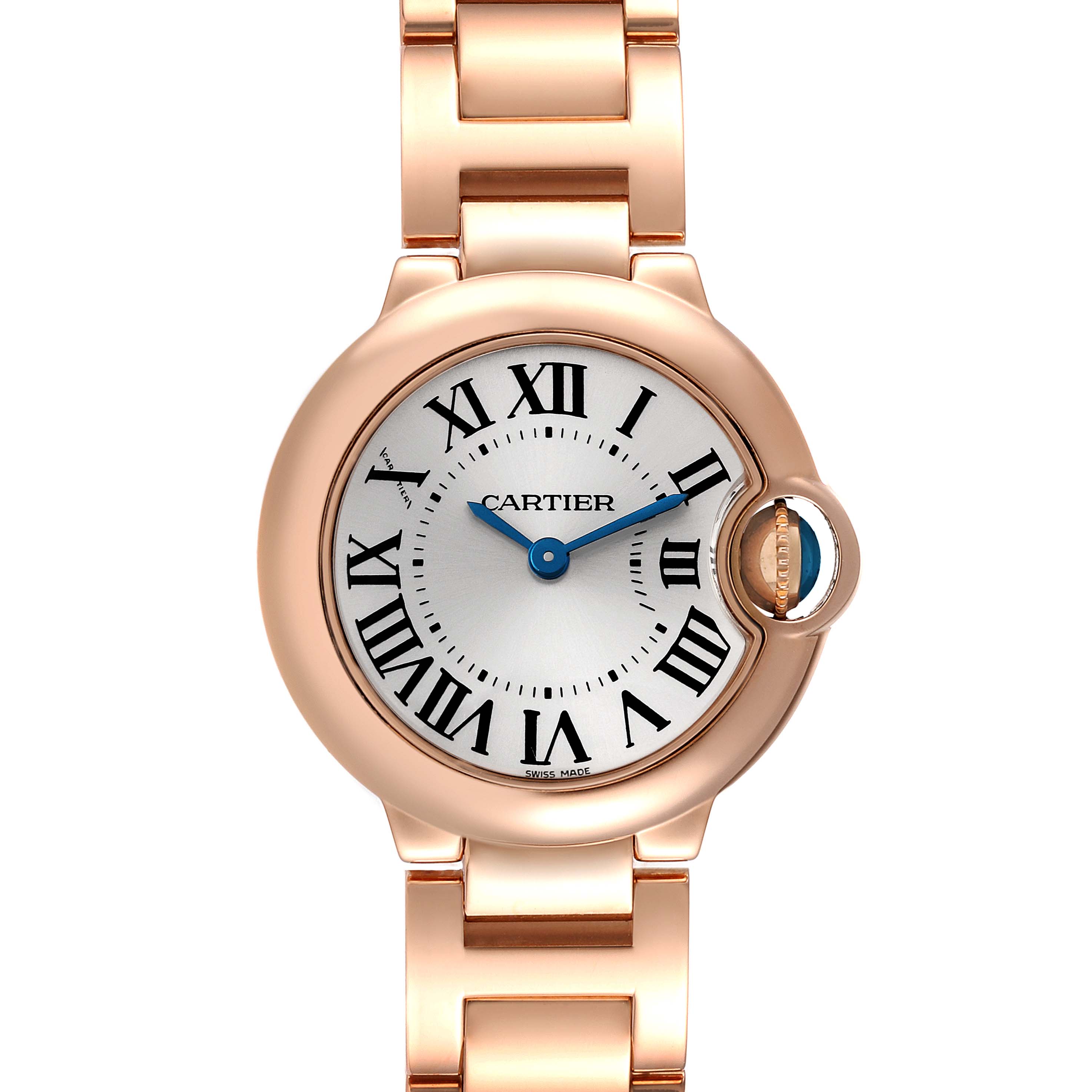 The image shows a Cartier Ballon Bleu W69002Z2 Women
s Rose Gold Silver Dial W69002Z2 Women
s Rose Gold Silver Dial watch in a front-facing angle, highlighting its round face, Roman numerals, and metal bracelet.