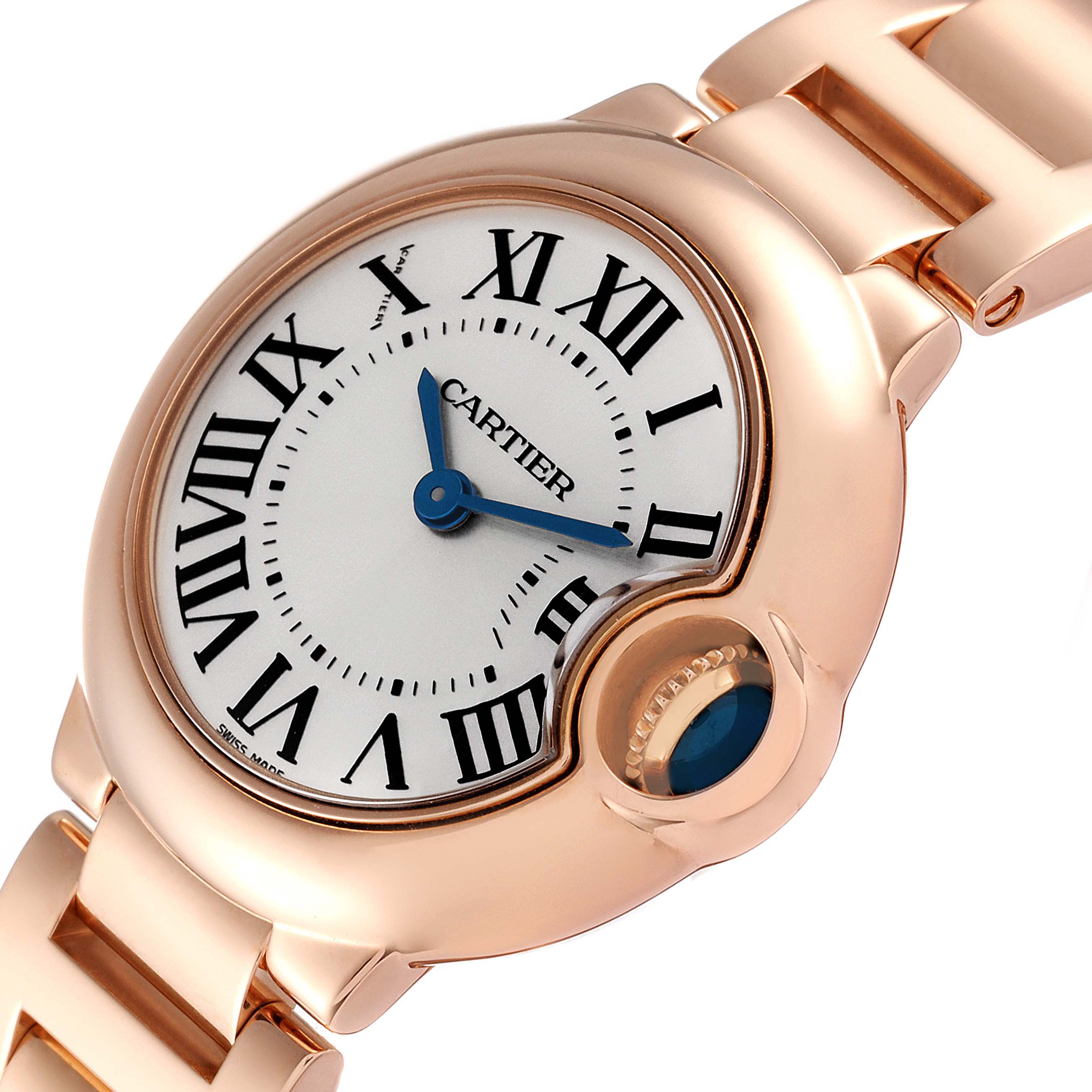 The image shows a close-up of the Cartier Ballon Bleu W69002Z2 Women
s Rose Gold Silver Dial W69002Z2 Women
s Rose Gold Silver Dial watch
s face, crown, and part of its rose gold bracelet.