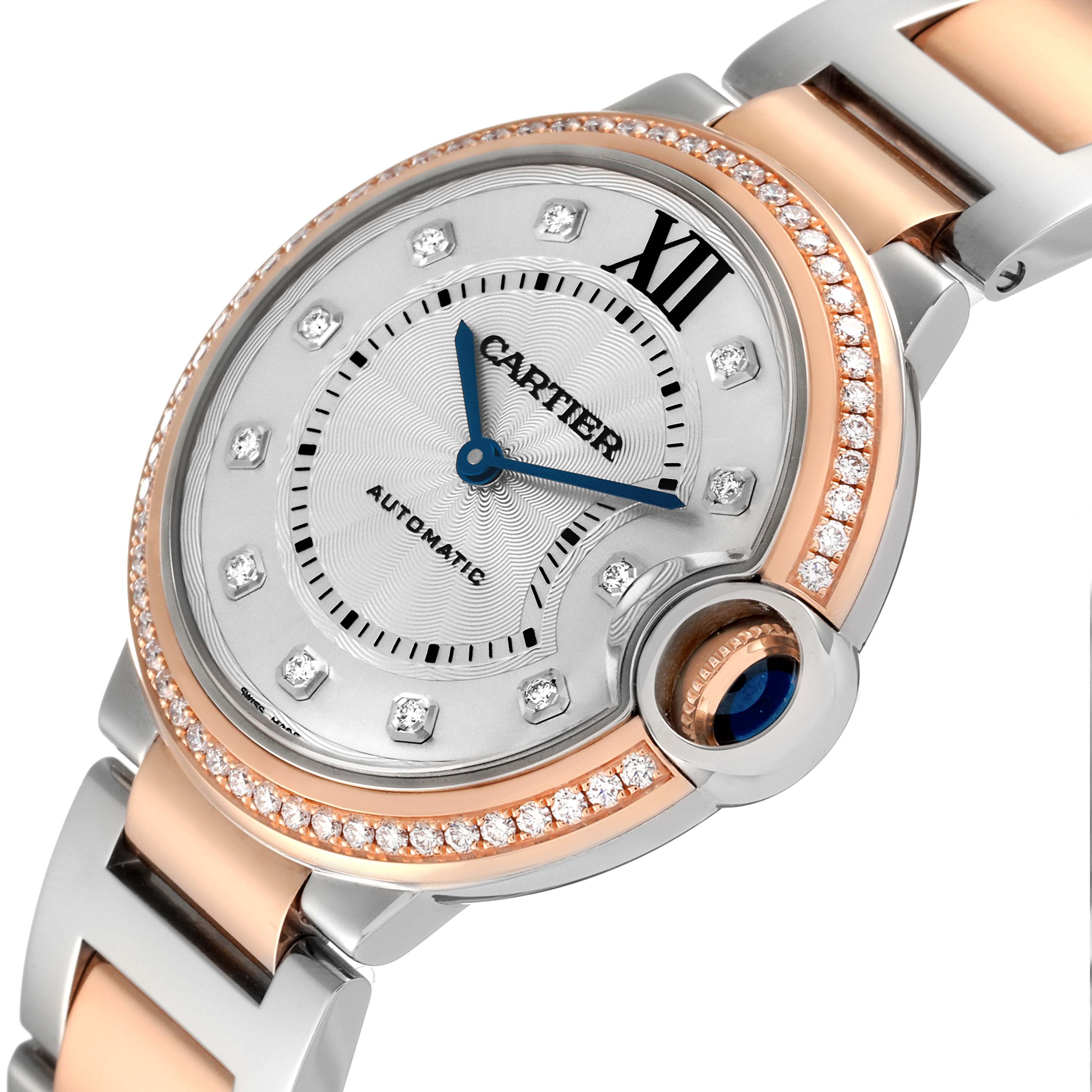 This image showcases a close-up side angle of the Cartier Ballon Bleu W3BB0004 Women's Steel and Gold (two tone) Silver Dial W3BB0004 Women's Steel and Gold (two tone) Silver Dial watch, highlighting its diamond-encrusted bezel and bracelet.