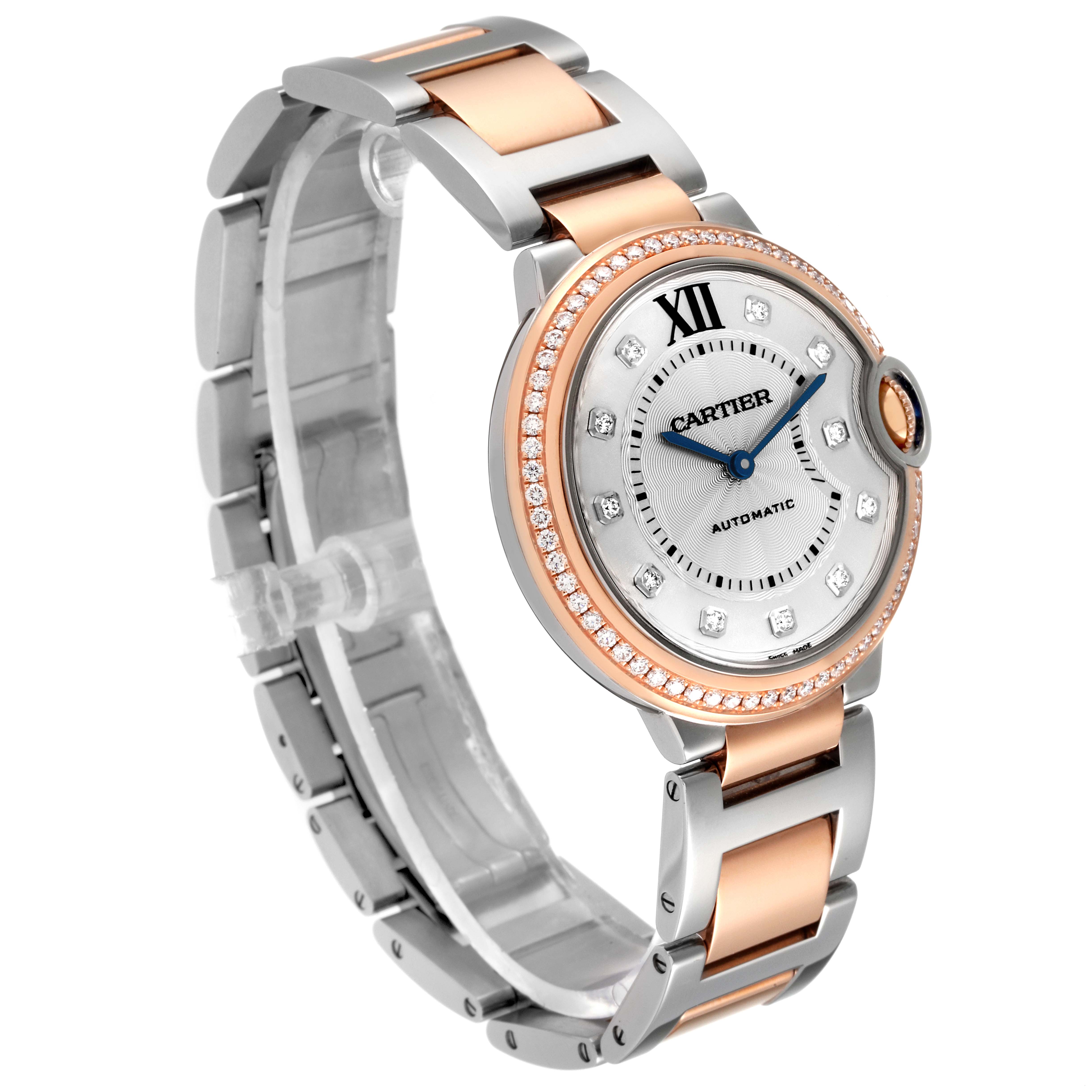 The Cartier Ballon Bleu W3BB0004 Women's Steel and Gold (two tone) Silver Dial W3BB0004 Women's Steel and Gold (two tone) Silver Dial watch is shown at a three-quarter angle, highlighting its two-tone metal bracelet, round dial, and diamond-set bezel.