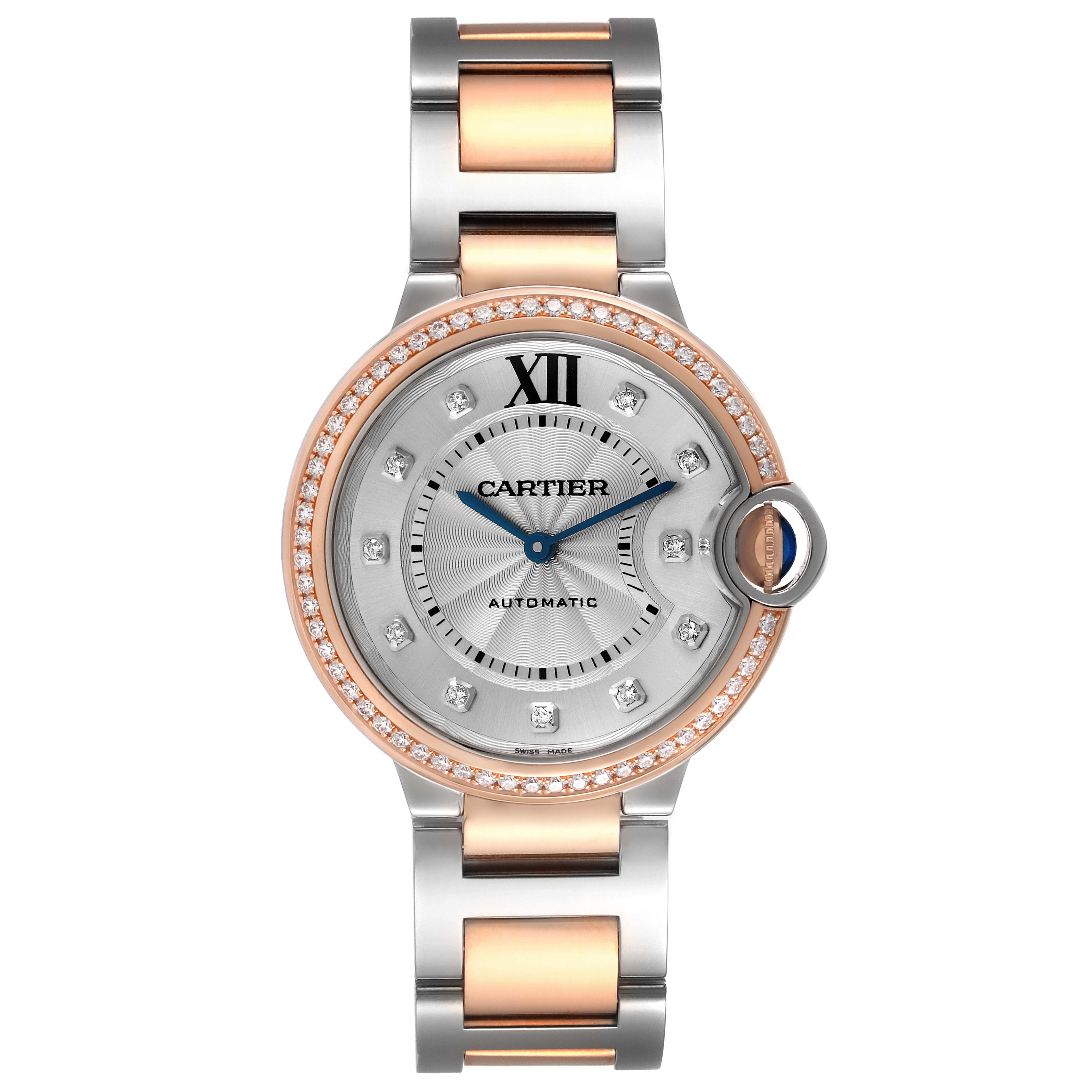 The image shows a front view of a Ballon Bleu watch by Cartier, featuring a two-tone bracelet and a diamond-studded bezel.